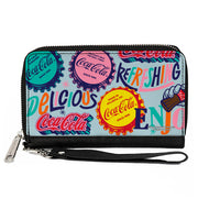 PU Zip Around Wallet Rectangle - COCA-COLA DELICIOUS REFRESHING Bottle Caps Light Blue/Multi Color Clutch Zip Around Wallets Coca-Cola