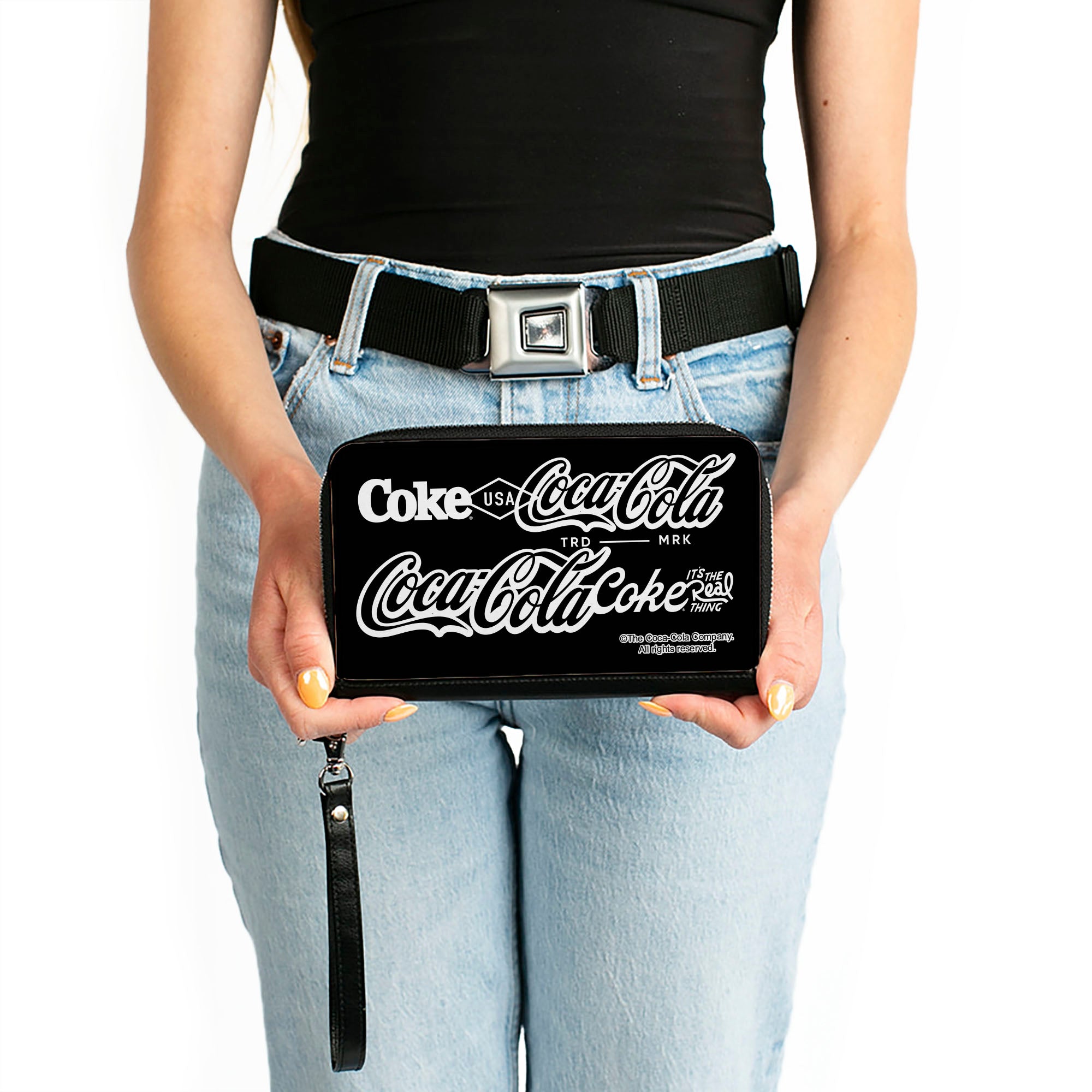 PU Zip Around Wallet Rectangle - COCA-COLA COKE Typography IT'S THE REAL THING Black/White Clutch Zip Around Wallets Coca-Cola