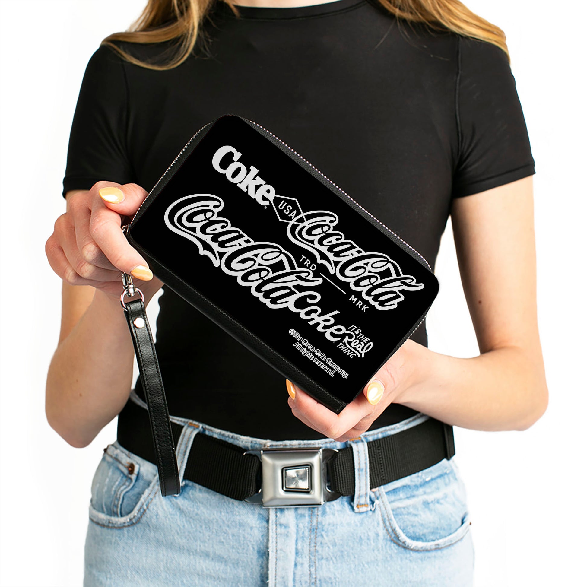 PU Zip Around Wallet Rectangle - COCA-COLA COKE Typography IT'S THE REAL THING Black/White Clutch Zip Around Wallets Coca-Cola