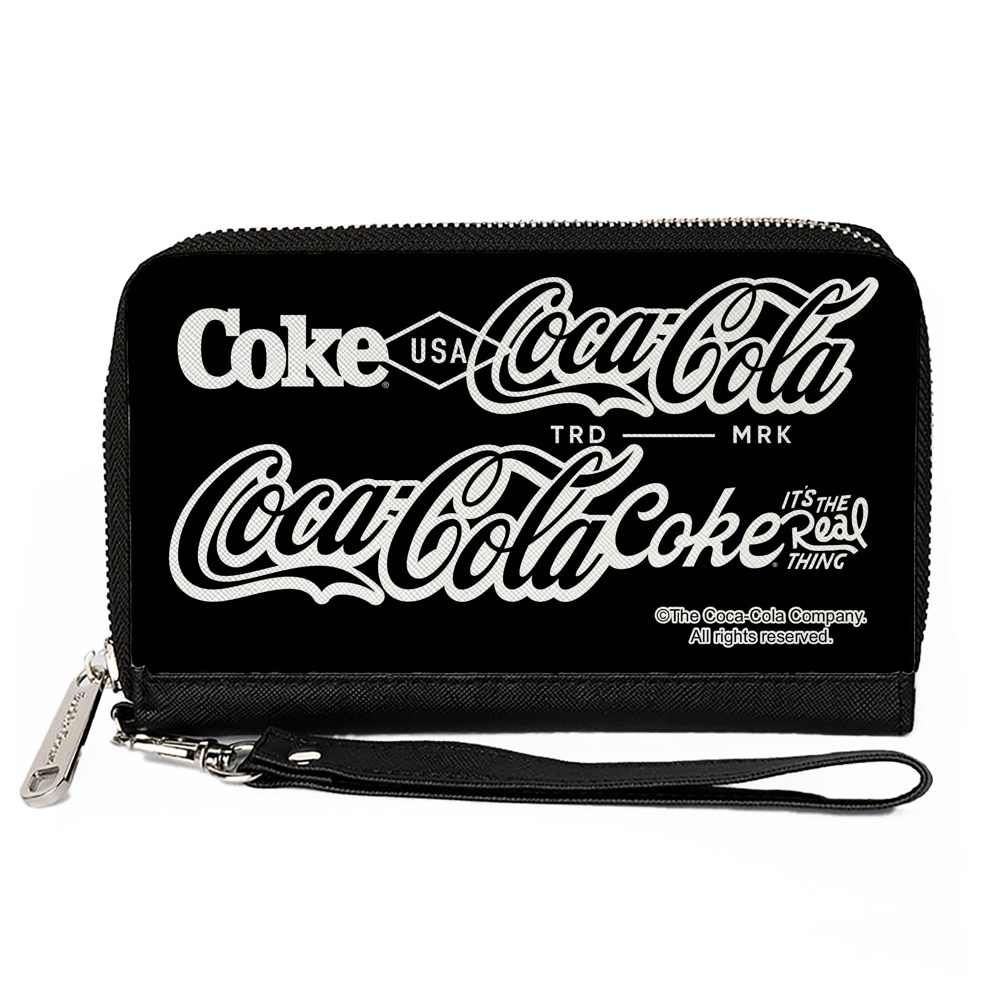 PU Zip Around Wallet Rectangle - COCA-COLA COKE Typography IT'S THE REAL THING Black/White Clutch Zip Around Wallets Coca-Cola