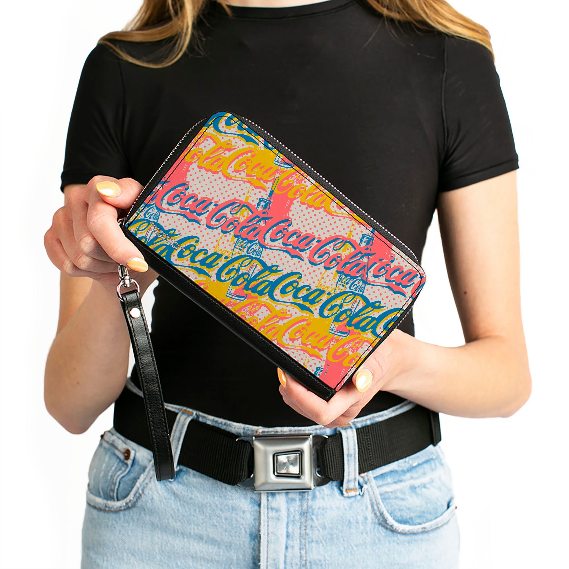 PU Zip Around Wallet Rectangle - COCA-COLA Script Logo Stacked Pop Art White/Multi Pastel Clutch Zip Around Wallets Coca-Cola
