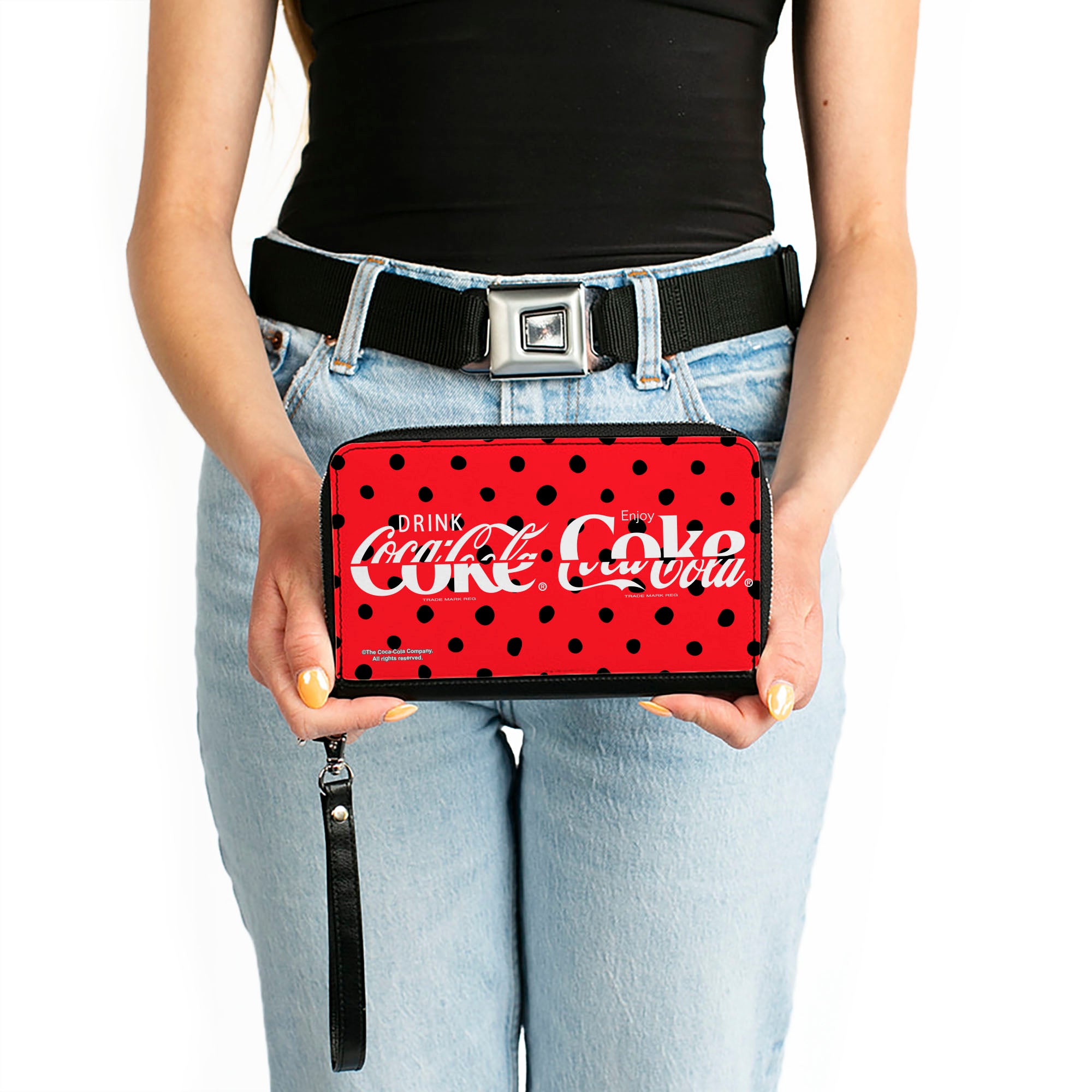 PU Zip Around Wallet Rectangle - DRINK COCA-COLA COKE Polka Dot Red/Black/White Clutch Zip Around Wallets Coca-Cola