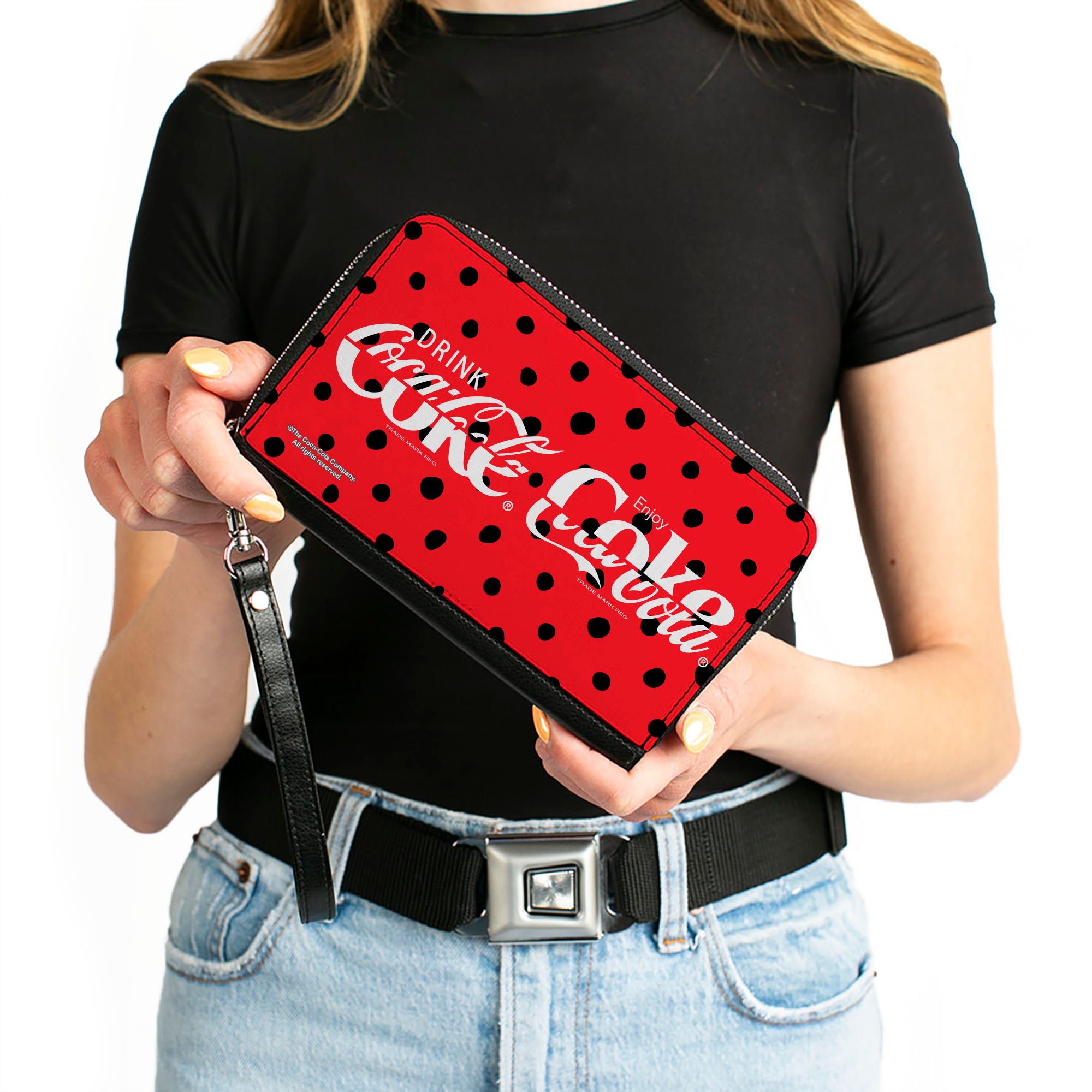 PU Zip Around Wallet Rectangle - DRINK COCA-COLA COKE Polka Dot Red/Black/White Clutch Zip Around Wallets Coca-Cola