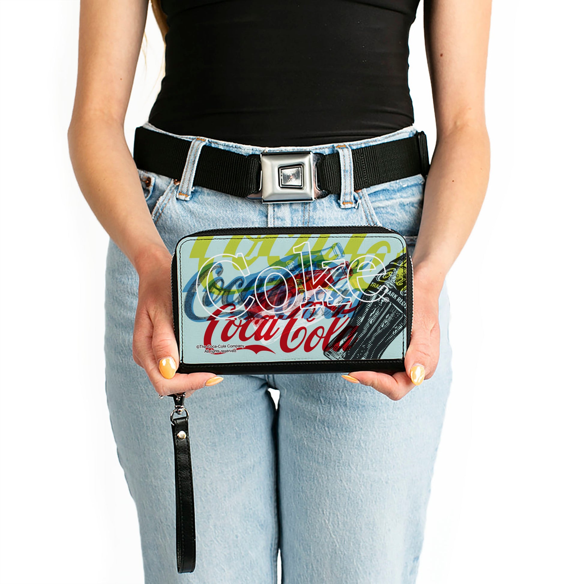 PU Zip Around Wallet Rectangle - COCA-COLA COKE Logos and Bottle Pop Art White/Multi Color Clutch Zip Around Wallets Coca-Cola