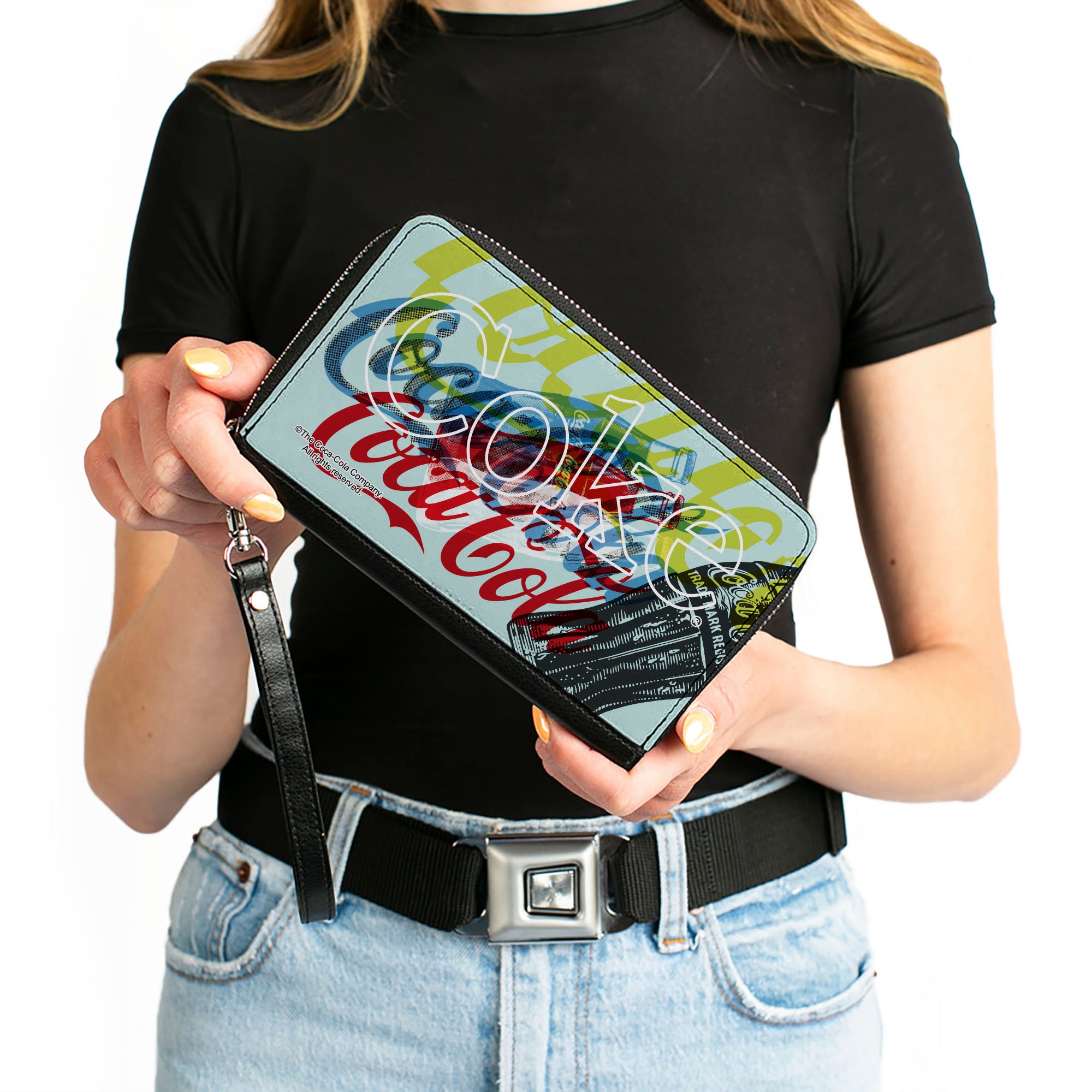 PU Zip Around Wallet Rectangle - COCA-COLA COKE Logos and Bottle Pop Art White/Multi Color Clutch Zip Around Wallets Coca-Cola