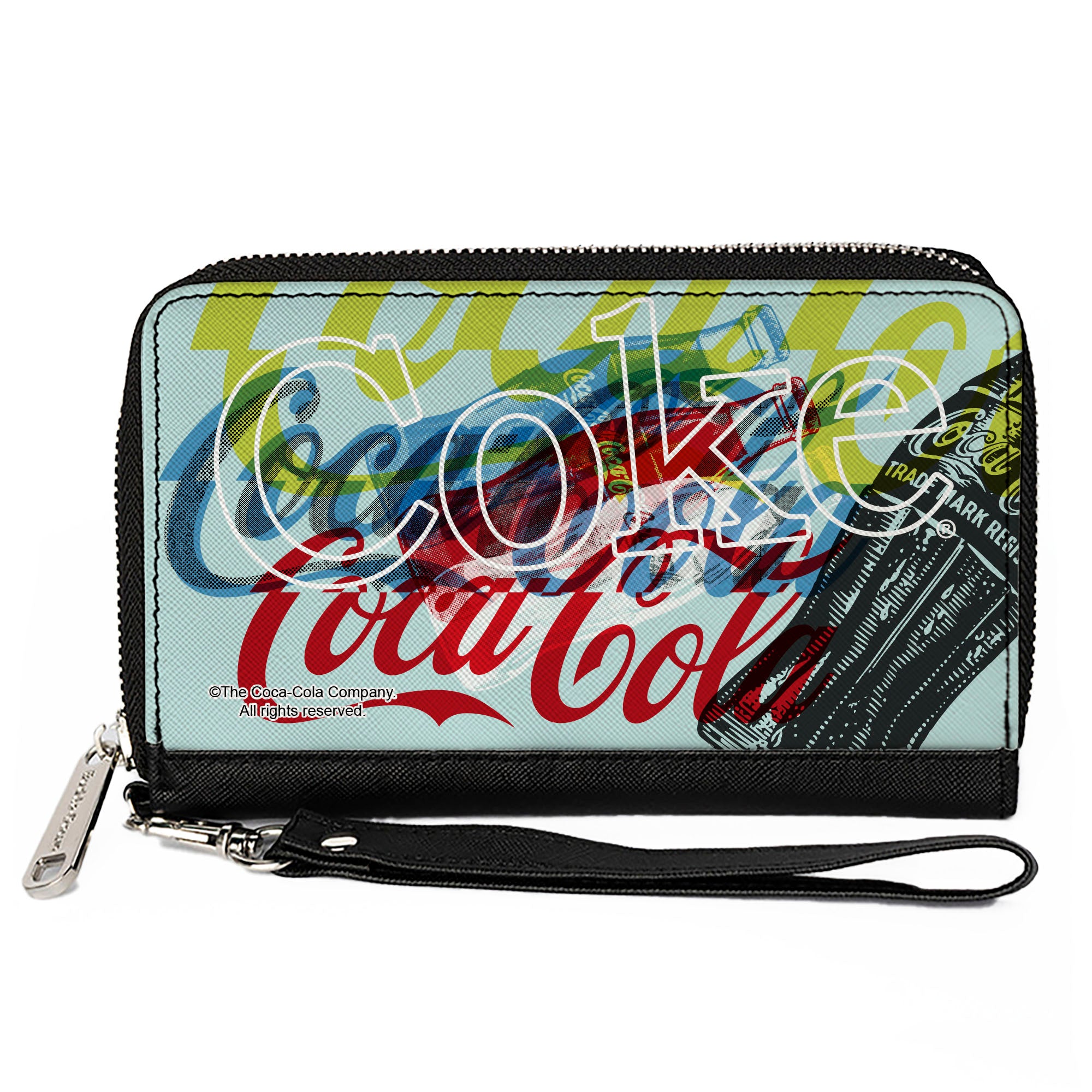 PU Zip Around Wallet Rectangle - COCA-COLA COKE Logos and Bottle Pop Art White/Multi Color Clutch Zip Around Wallets Coca-Cola
