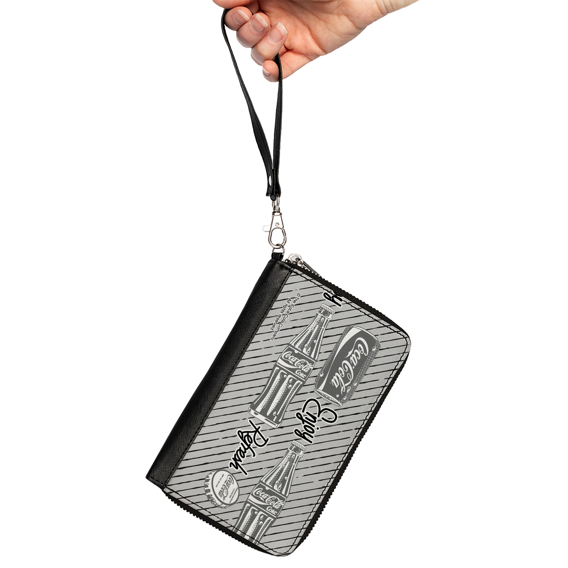 PU Zip Around Wallet Rectangle - Coca-Cola ENJOY REFRESH Can and Bottle Grays/White/Black Clutch Zip Around Wallets Coca-Cola