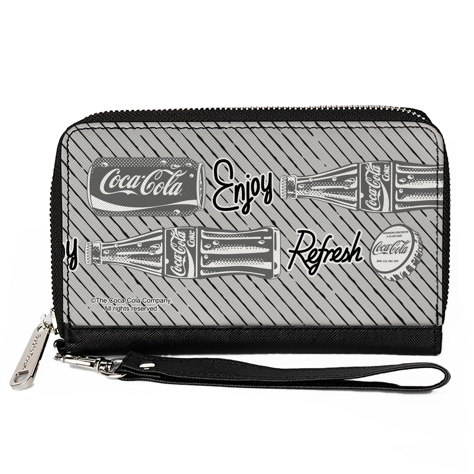 PU Zip Around Wallet Rectangle - Coca-Cola ENJOY REFRESH Can and Bottle Grays/White/Black Clutch Zip Around Wallets Coca-Cola