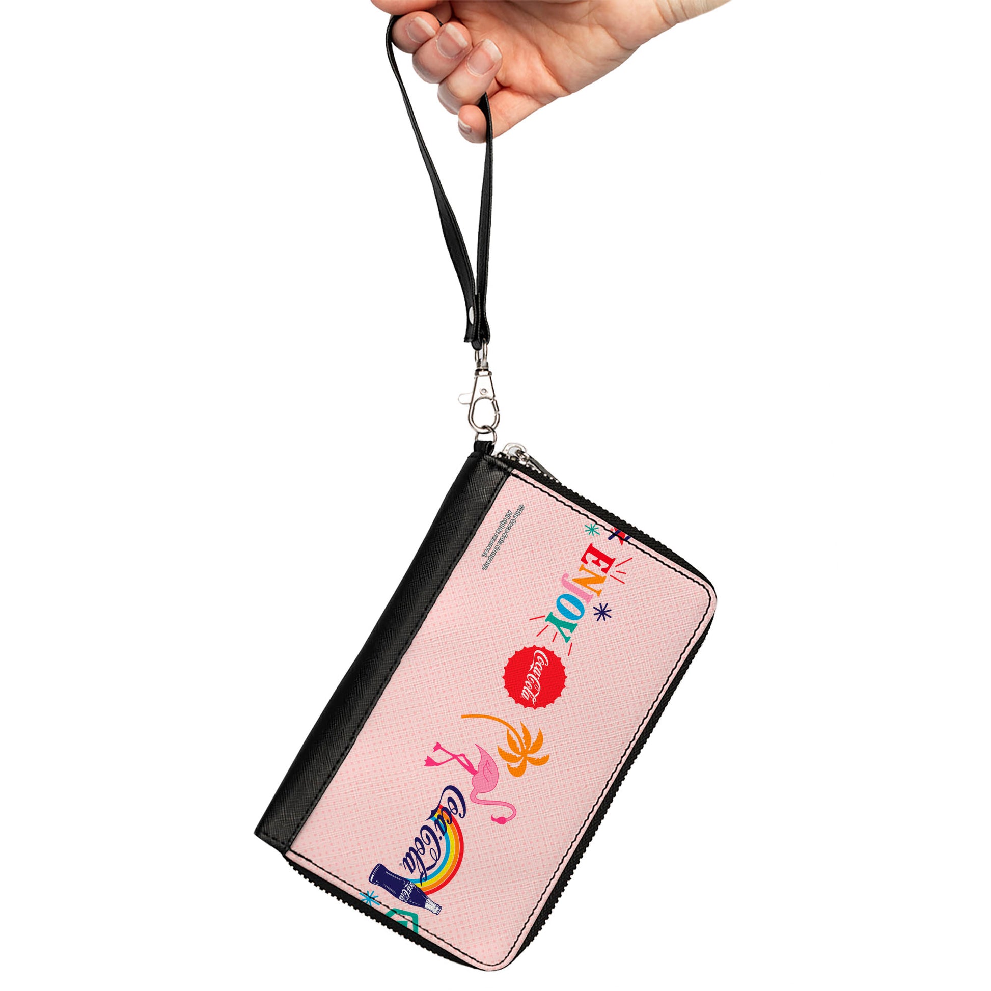 PU Zip Around Wallet Rectangle - Coca-Cola ENJOY Vibrant Icons Collage Pinks/Multi Color Clutch Zip Around Wallets Coca-Cola