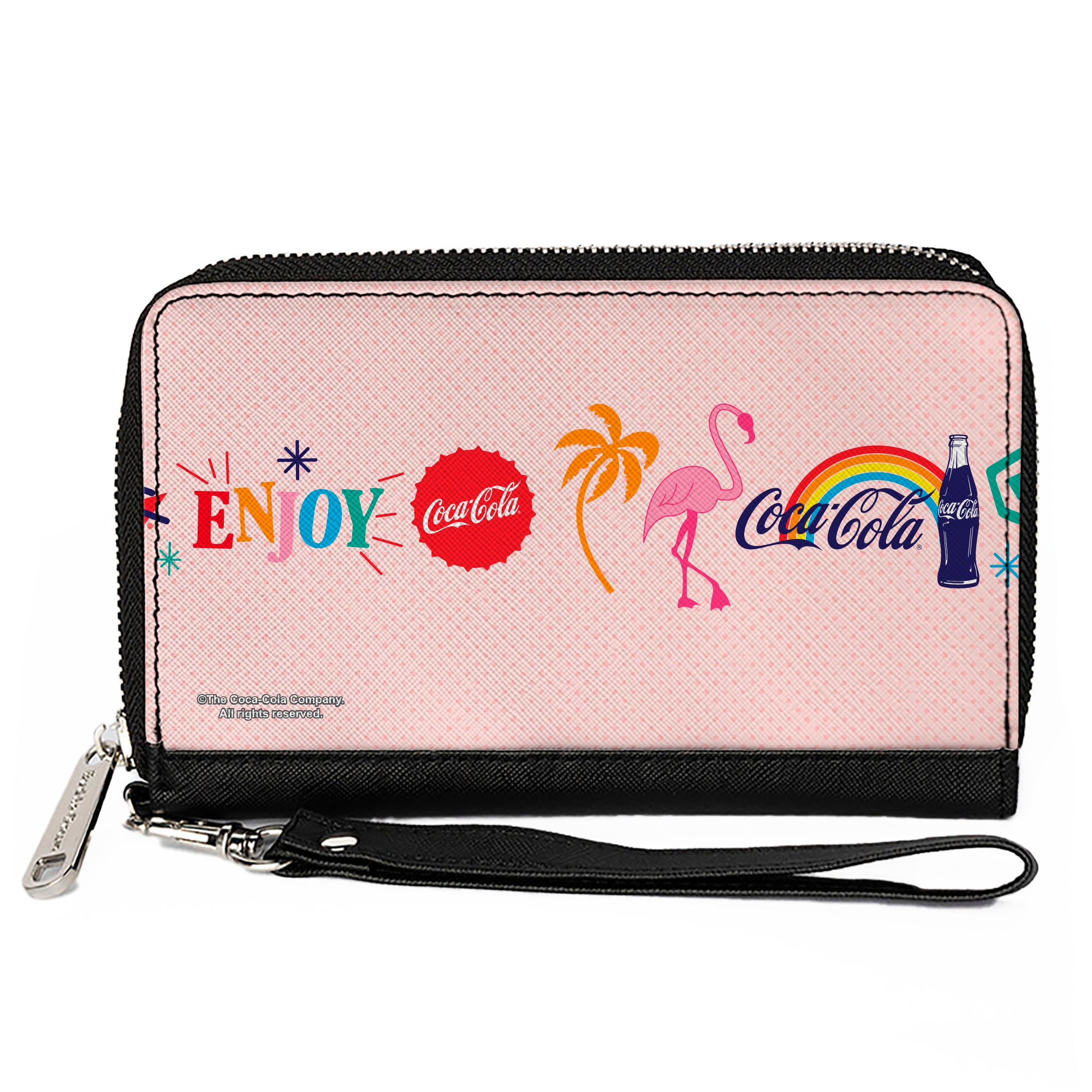 PU Zip Around Wallet Rectangle - Coca-Cola ENJOY Vibrant Icons Collage Pinks/Multi Color Clutch Zip Around Wallets Coca-Cola
