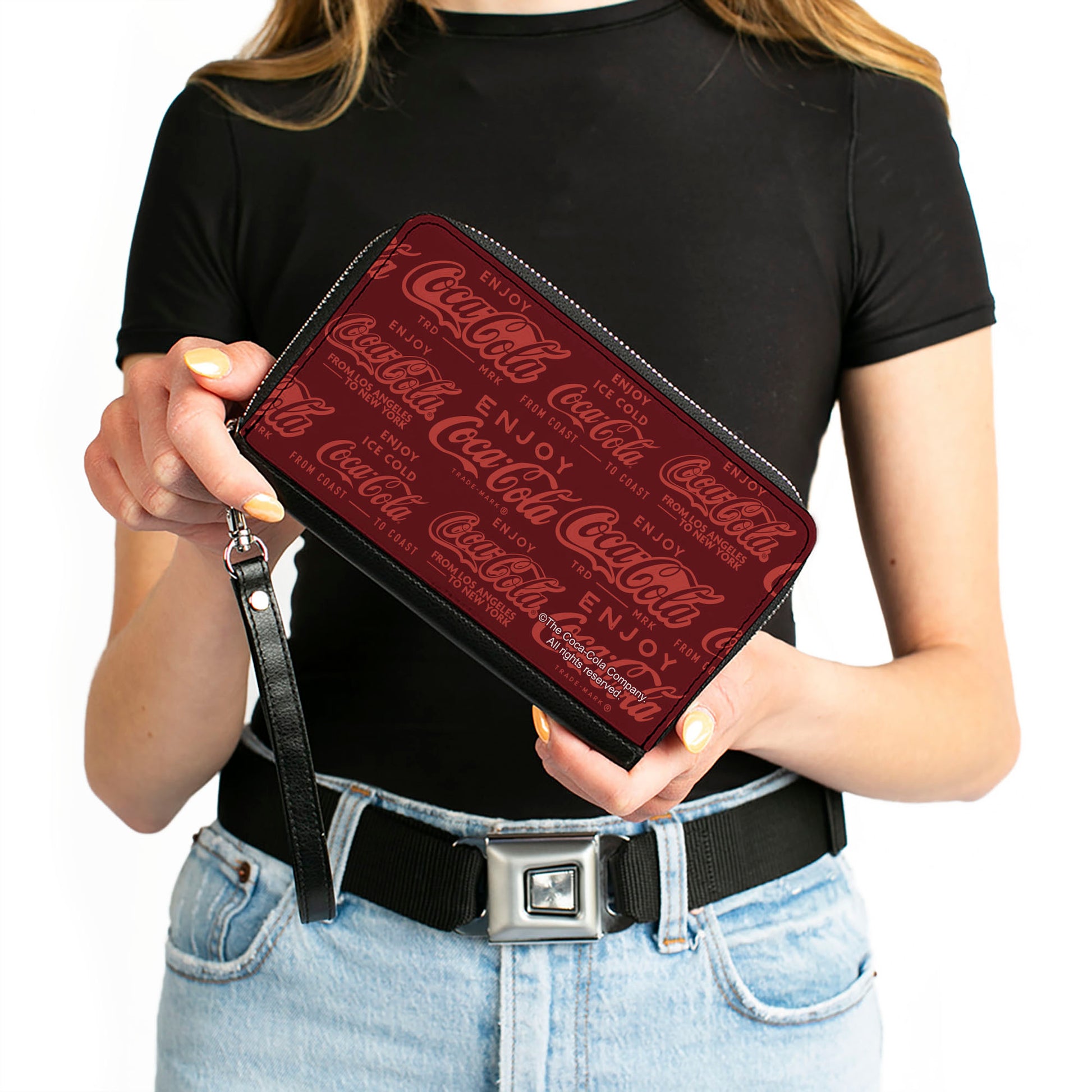 PU Zip Around Wallet Rectangle - ENJOY COCA-COLA Logos Brown/Red Clutch Zip Around Wallets Coca-Cola