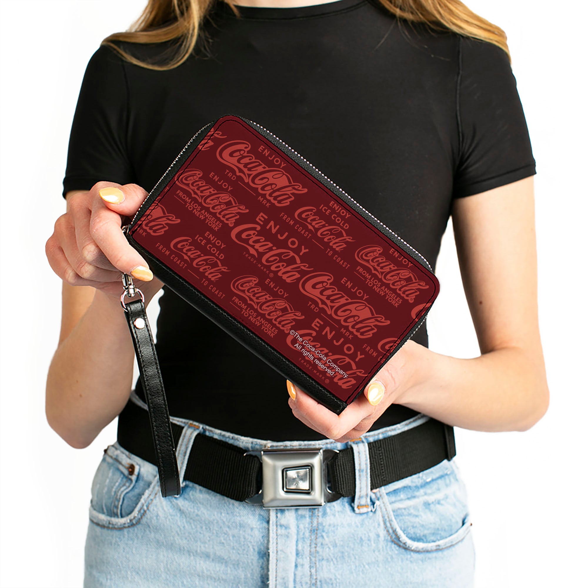 PU Zip Around Wallet Rectangle - ENJOY COCA-COLA Logos Brown/Red Clutch Zip Around Wallets Coca-Cola