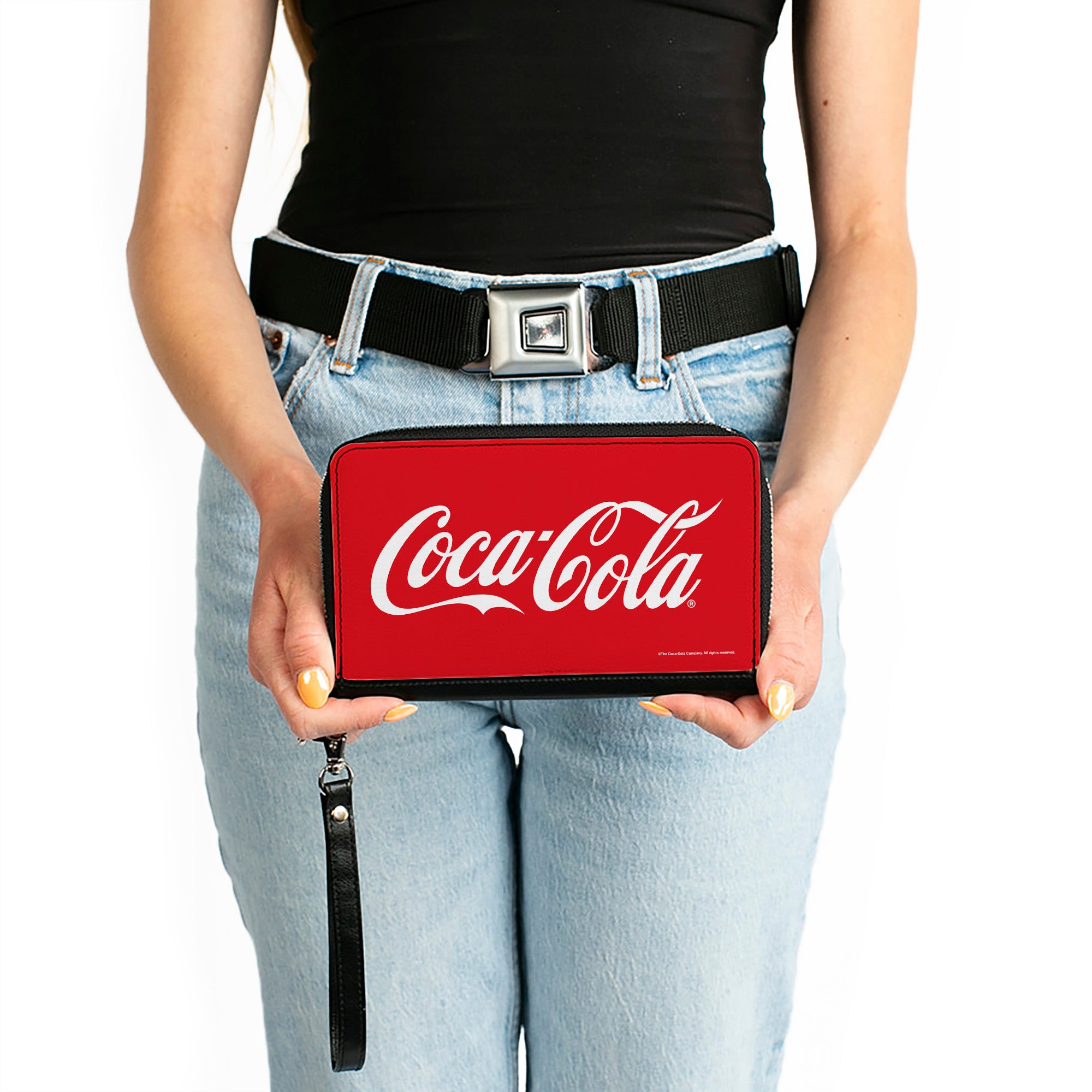 PU Zip Around Wallet Rectangle - COCA-COLA Coke Script Logo Centered Red/White Clutch Zip Around Wallets Coca-Cola