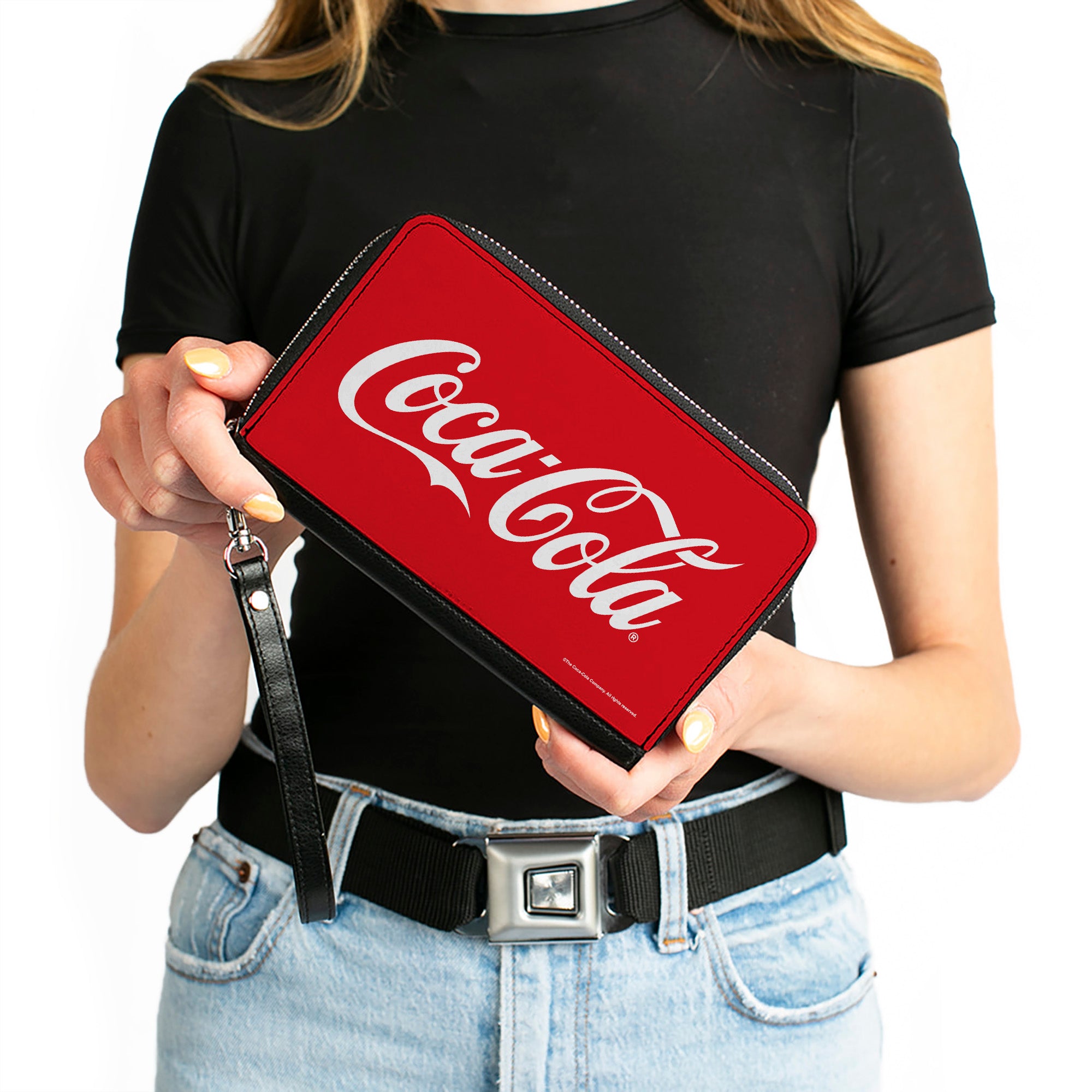 PU Zip Around Wallet Rectangle - COCA-COLA Coke Script Logo Centered Red/White Clutch Zip Around Wallets Coca-Cola