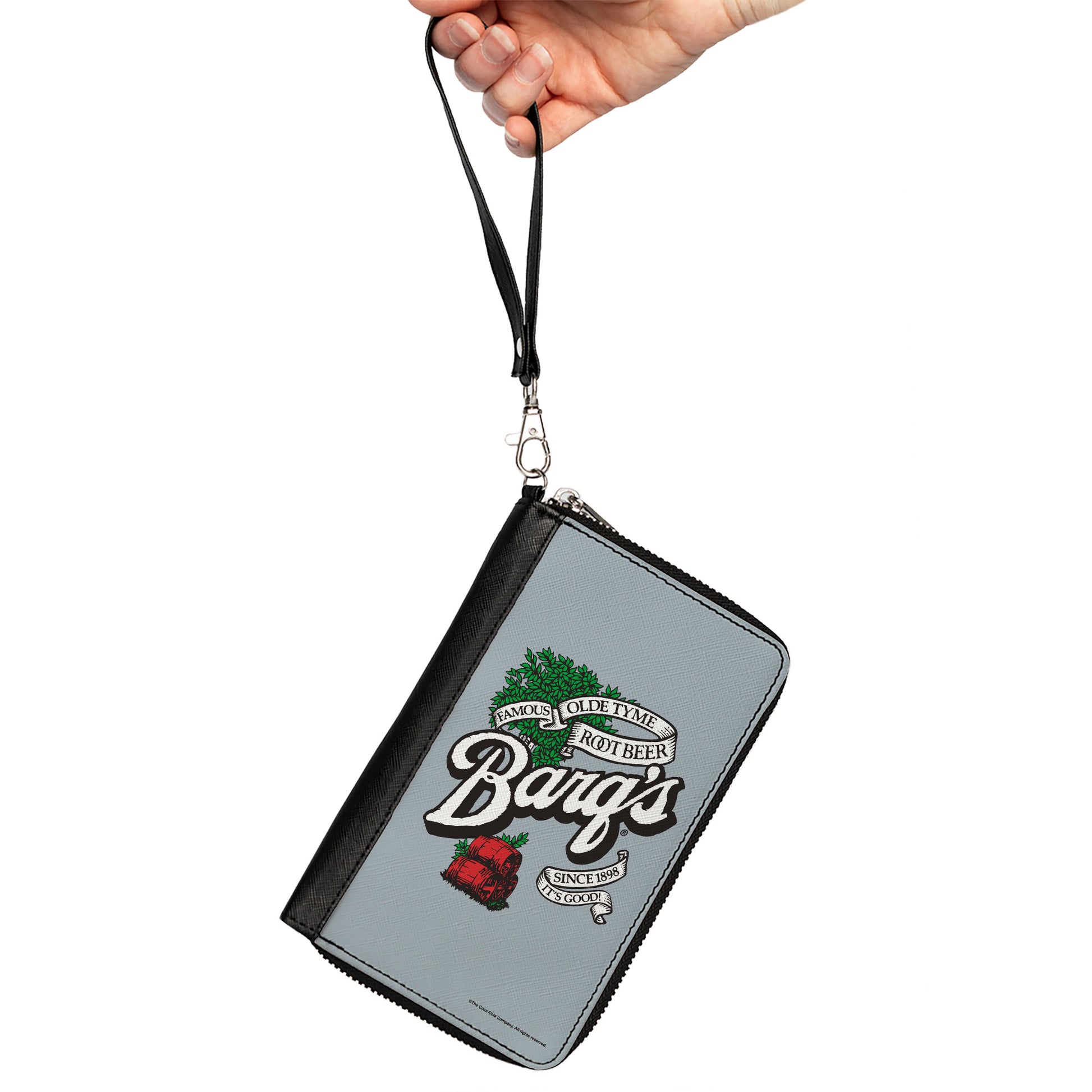 PU Zip Around Wallet Rectangle - BARQ'S OLD TYME ROOT BEER Barrels Logo Gray Clutch Zip Around Wallets Coca-Cola
