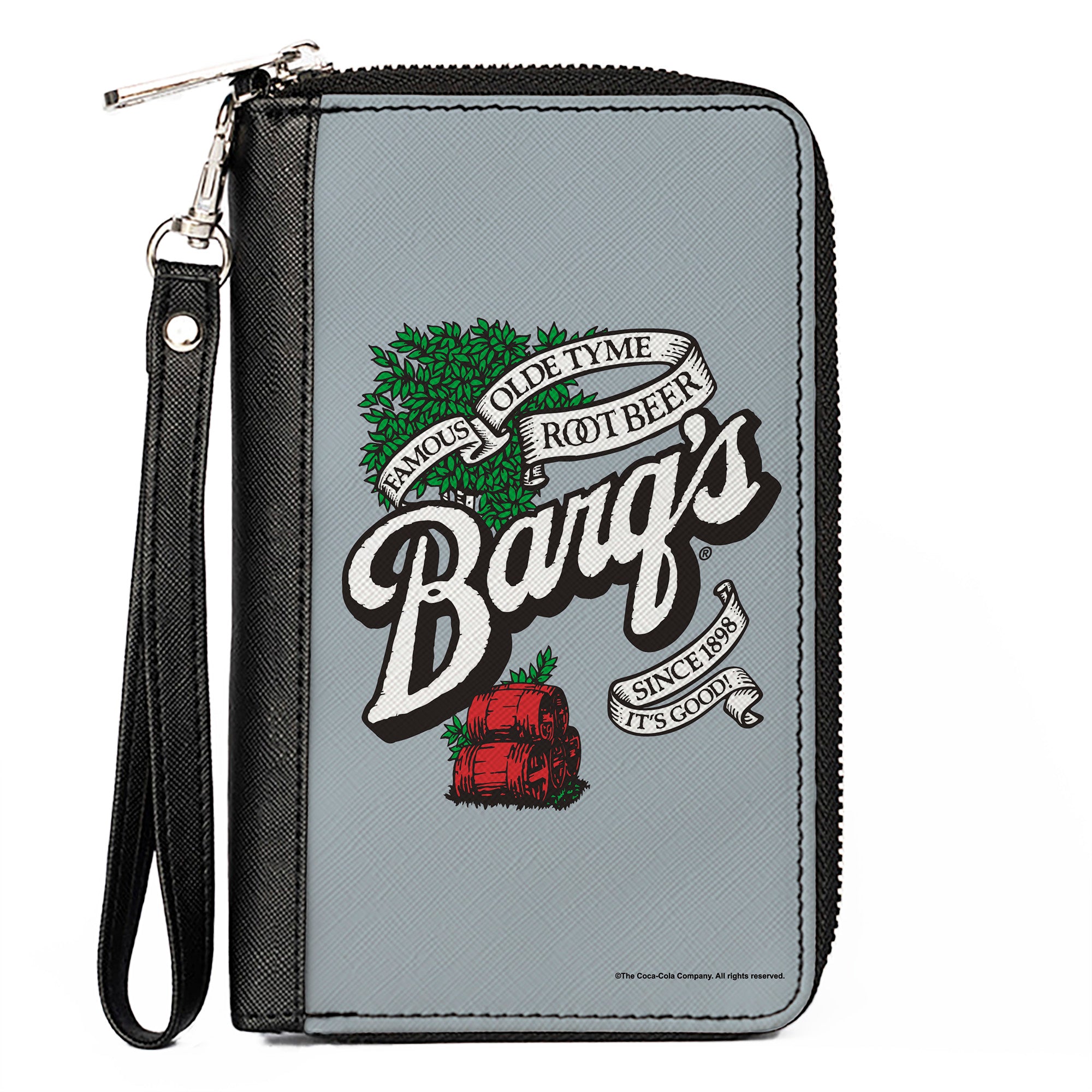 PU Zip Around Wallet Rectangle - BARQ'S OLD TYME ROOT BEER Barrels Logo Gray Clutch Zip Around Wallets Coca-Cola