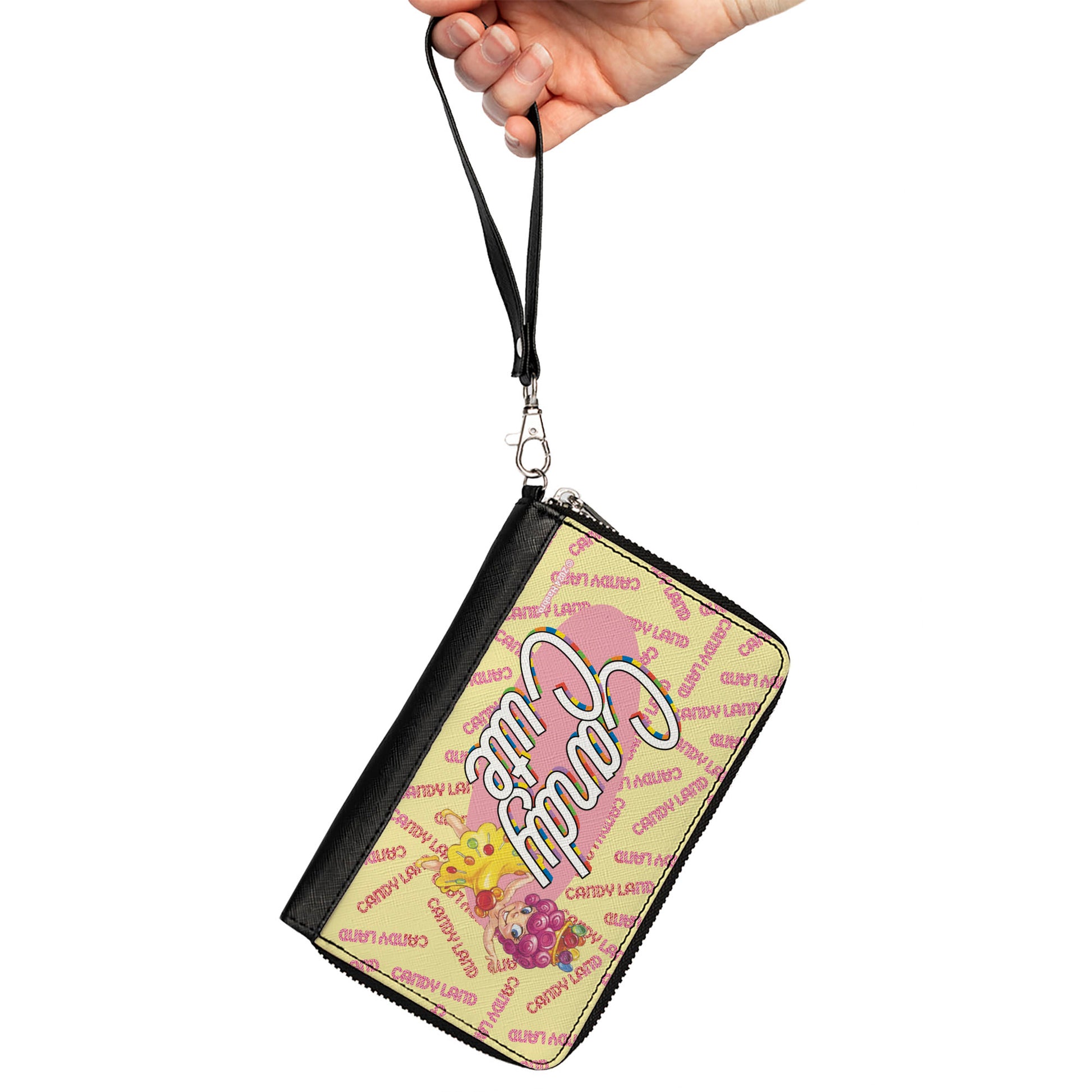 PU Zip Around Wallet Rectangle - Candy Land CANDY CUTE Princess Lolly Pose and Logo Yellow/Pinks Clutch Zip Around Wallets Candy Land