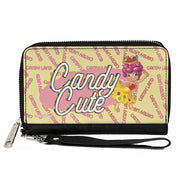 PU Zip Around Wallet Rectangle - Candy Land CANDY CUTE Princess Lolly Pose and Logo Yellow/Pinks Clutch Zip Around Wallets Candy Land