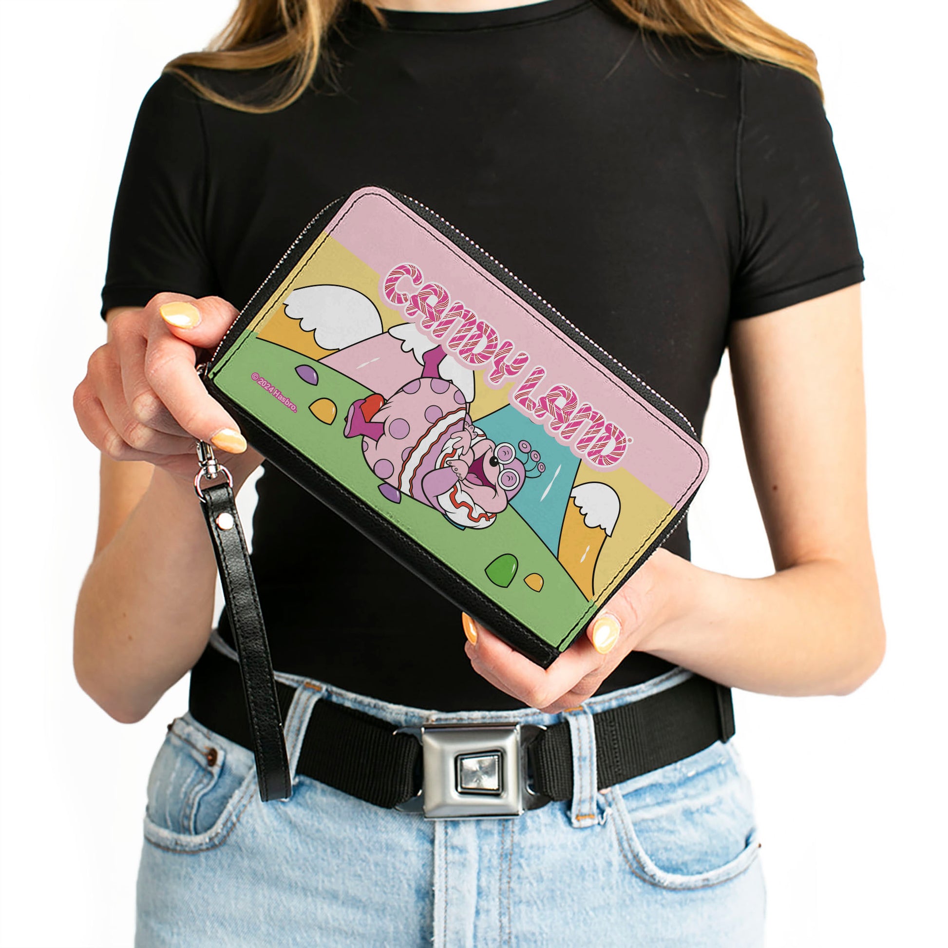 PU Zip Around Wallet Rectangle - Candy Land Jolly Laughing Pose and Gum Drop Mountains Multi Color Clutch Zip Around Wallets Candy Land