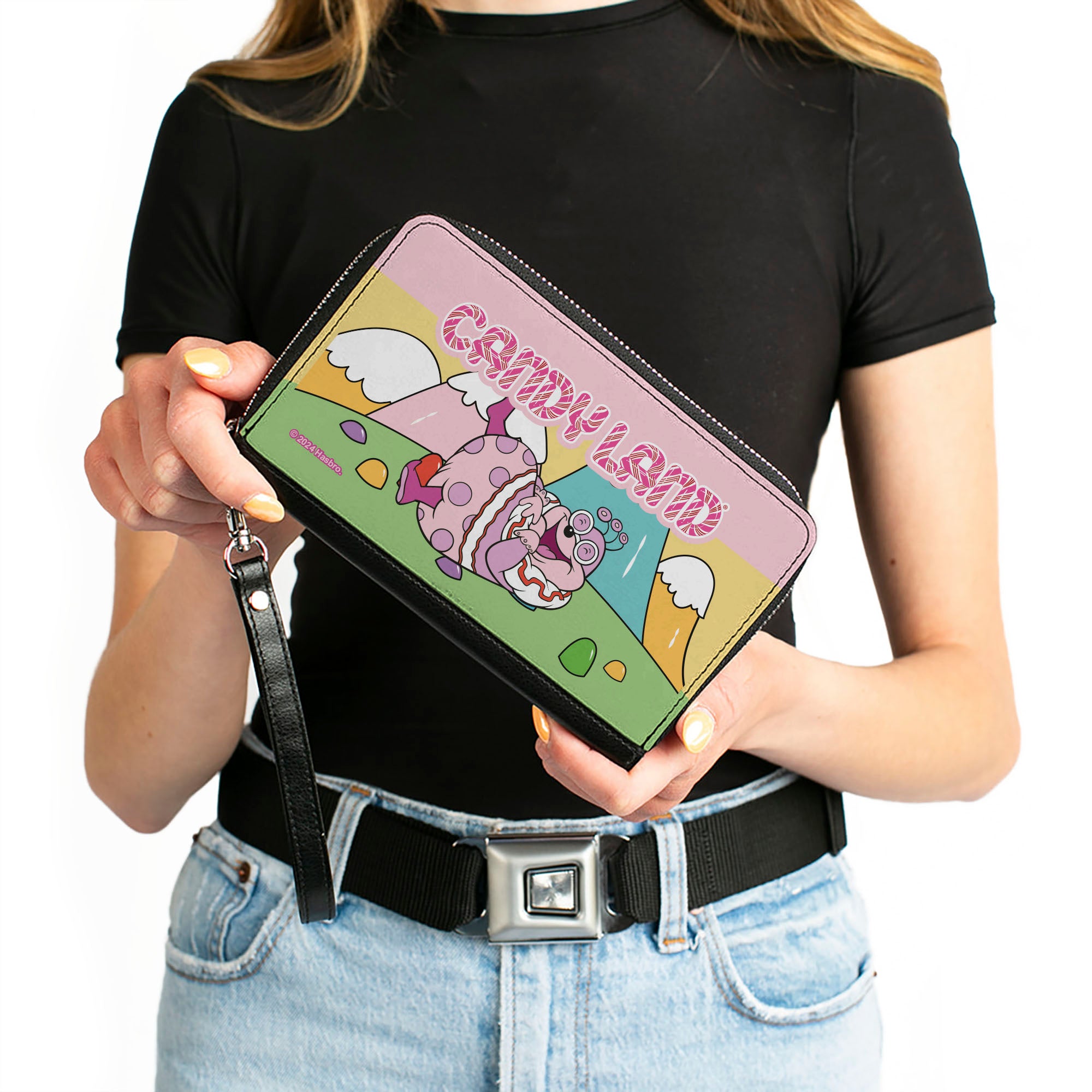 PU Zip Around Wallet Rectangle - Candy Land Jolly Laughing Pose and Gum Drop Mountains Multi Color Clutch Zip Around Wallets Candy Land