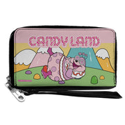 PU Zip Around Wallet Rectangle - Candy Land Jolly Laughing Pose and Gum Drop Mountains Multi Color Clutch Zip Around Wallets Candy Land