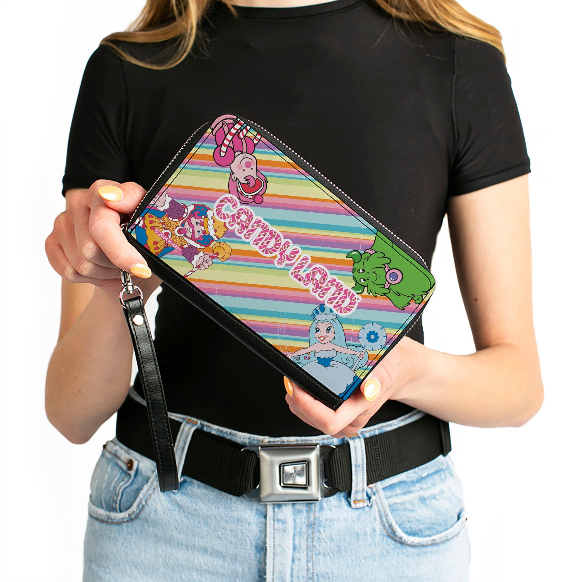 PU Zip Around Wallet Rectangle - CANDY LAND Characters and Title Logo Stripe Multi Color Clutch Zip Around Wallets Candy Land