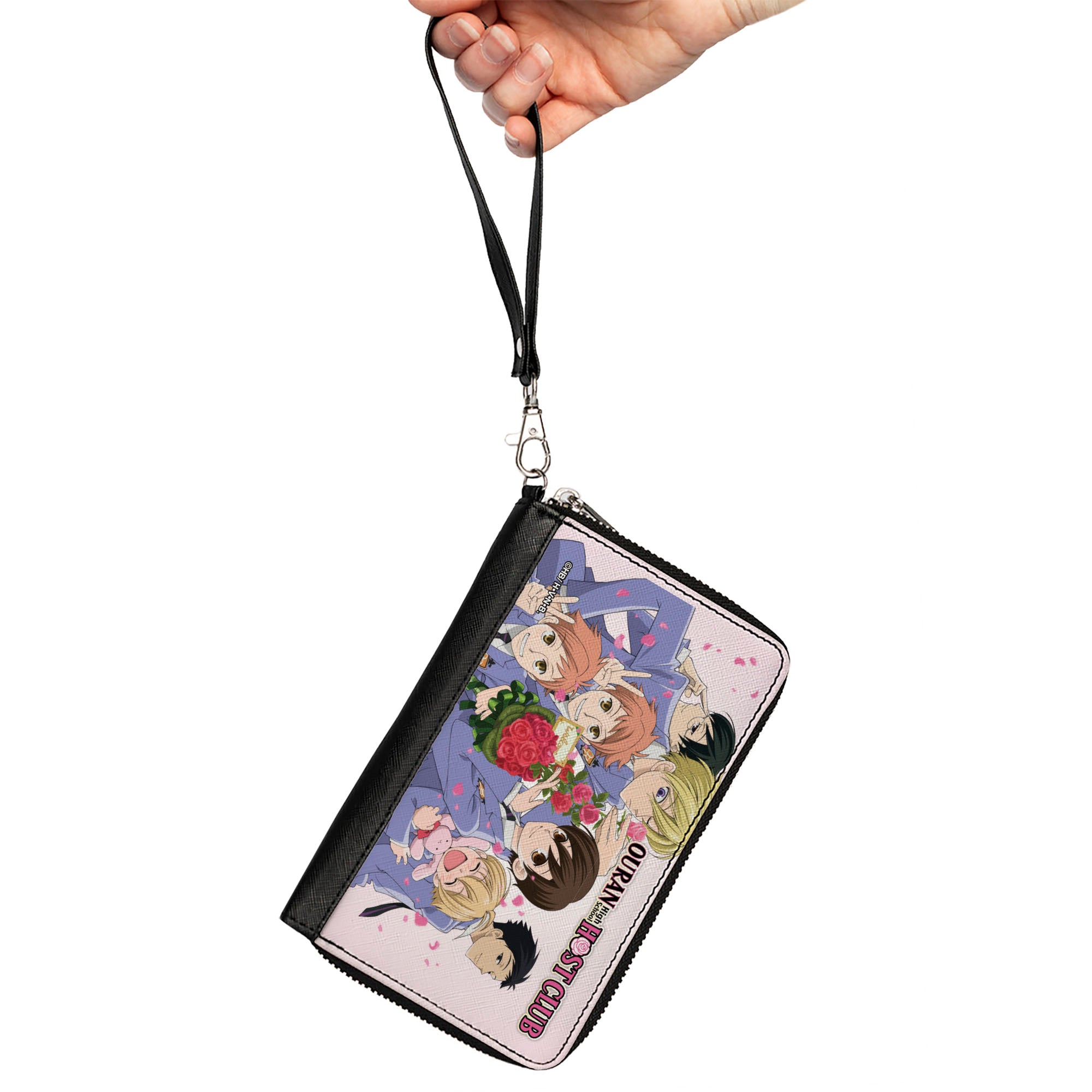 PU Zip Around Wallet Rectangle - Ouran High School Host Club Rose Bouquet Group Pose and Petals White Clutch Zip Around Wallets Ouran High School Host Club