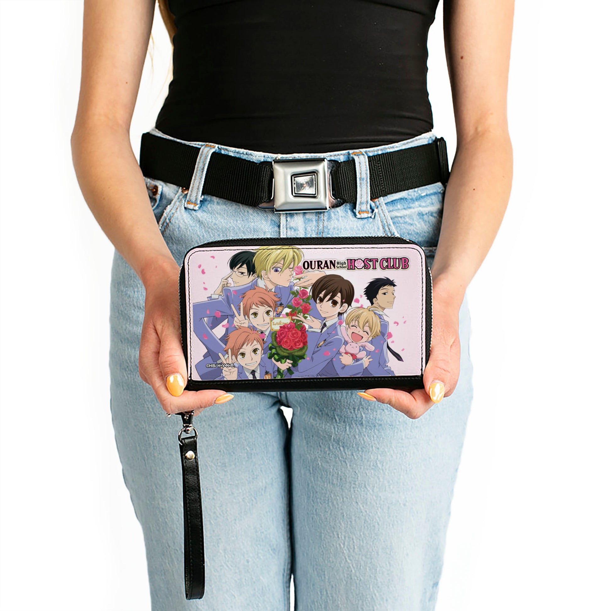 PU Zip Around Wallet Rectangle - Ouran High School Host Club Rose Bouquet Group Pose and Petals White Clutch Zip Around Wallets Ouran High School Host Club