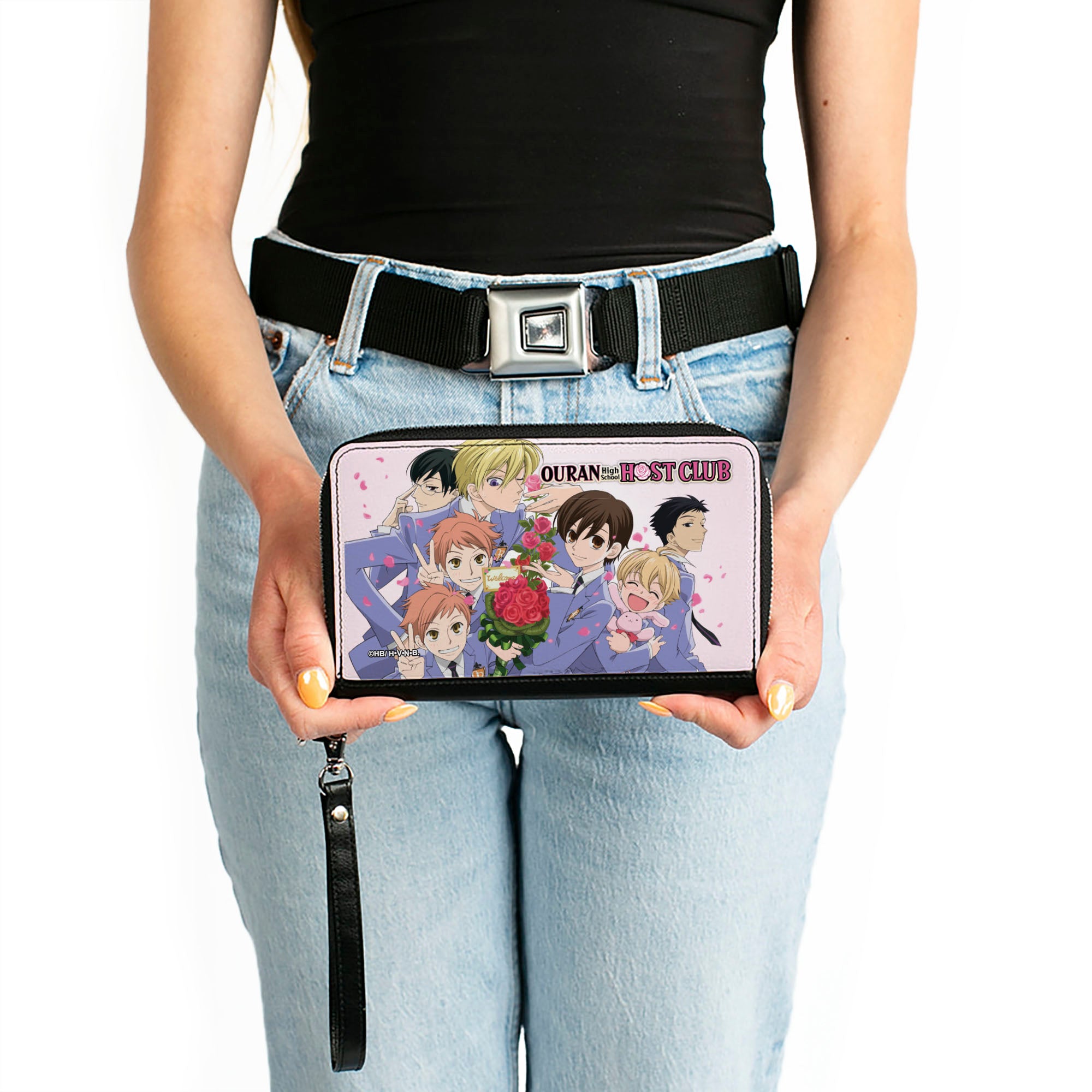 PU Zip Around Wallet Rectangle - Ouran High School Host Club Rose Bouquet Group Pose and Petals White Clutch Zip Around Wallets Ouran High School Host Club