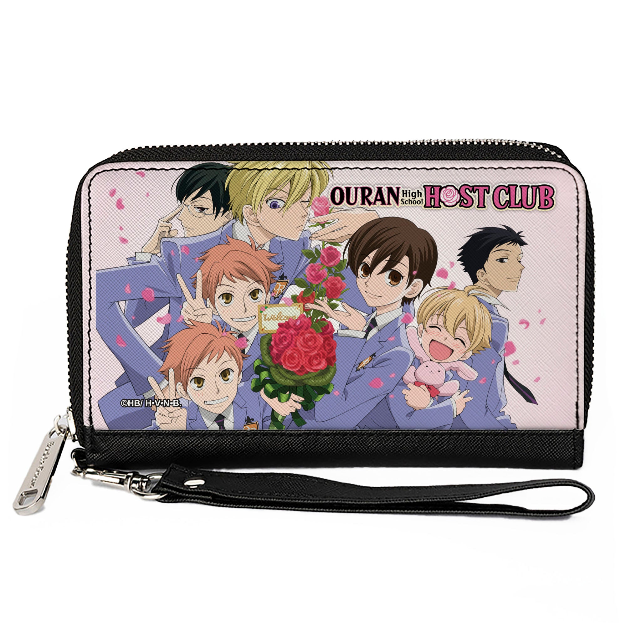 PU Zip Around Wallet Rectangle - Ouran High School Host Club Rose Bouquet Group Pose and Petals White Clutch Zip Around Wallets Ouran High School Host Club
