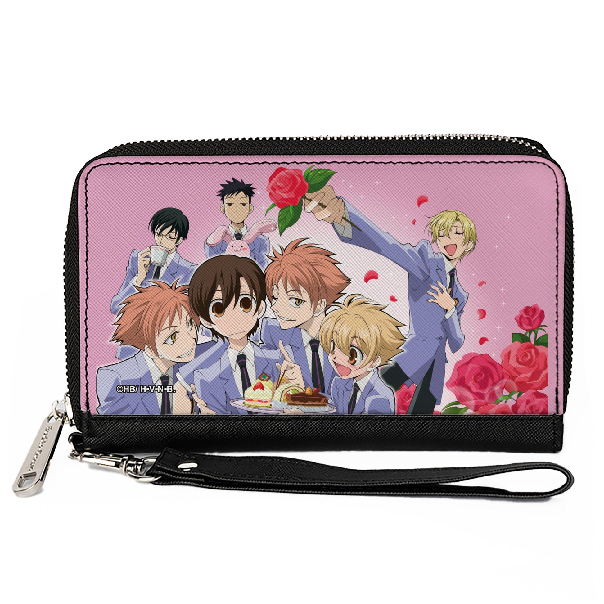 PU Zip Around Wallet Rectangle - Ouran High School Host Club Group Pose and Tamaki Singing Pose Pinks Clutch Zip Around Wallets Ouran High School Host Club