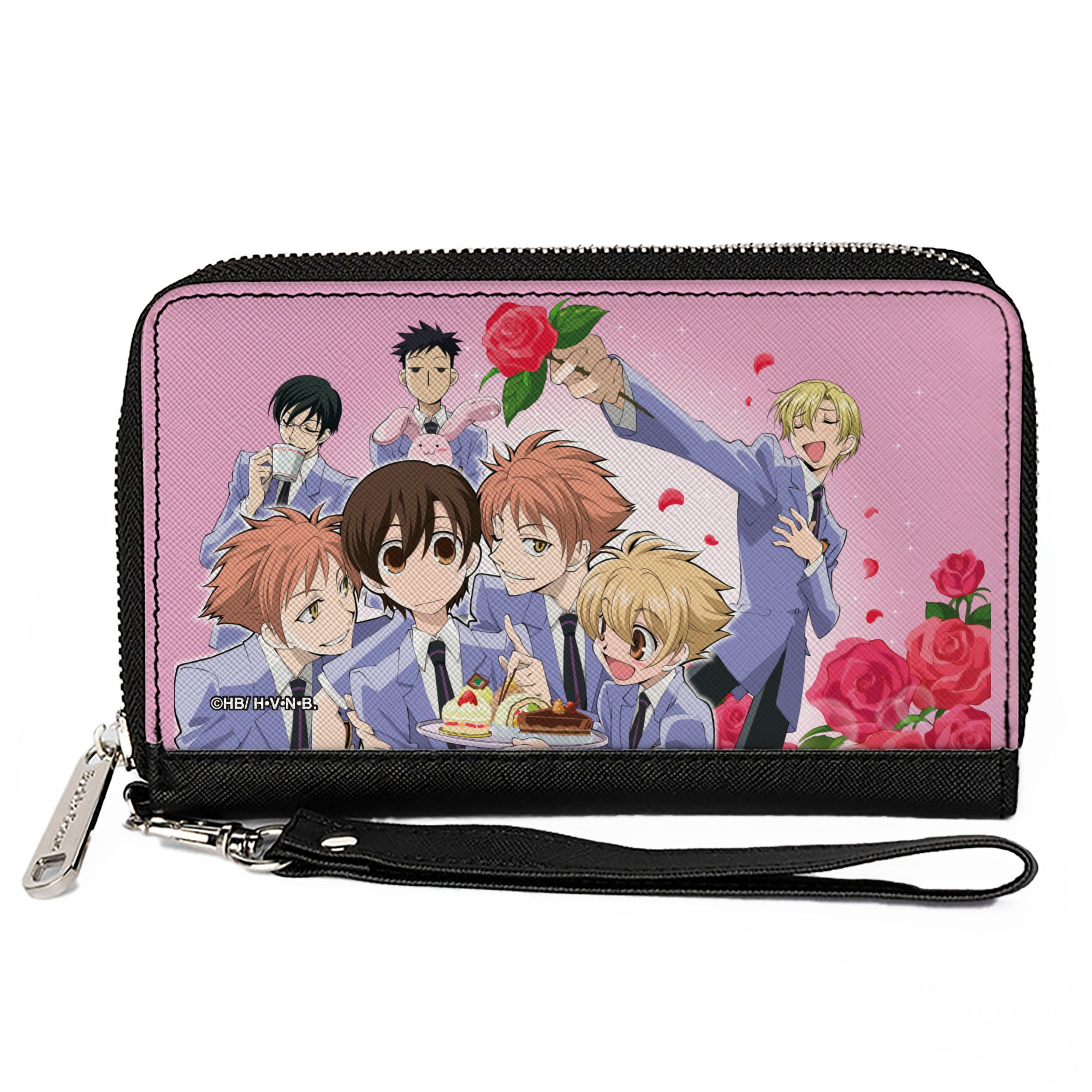 PU Zip Around Wallet Rectangle - Ouran High School Host Club Group Pose and Tamaki Singing Pose Pinks Clutch Zip Around Wallets Ouran High School Host Club