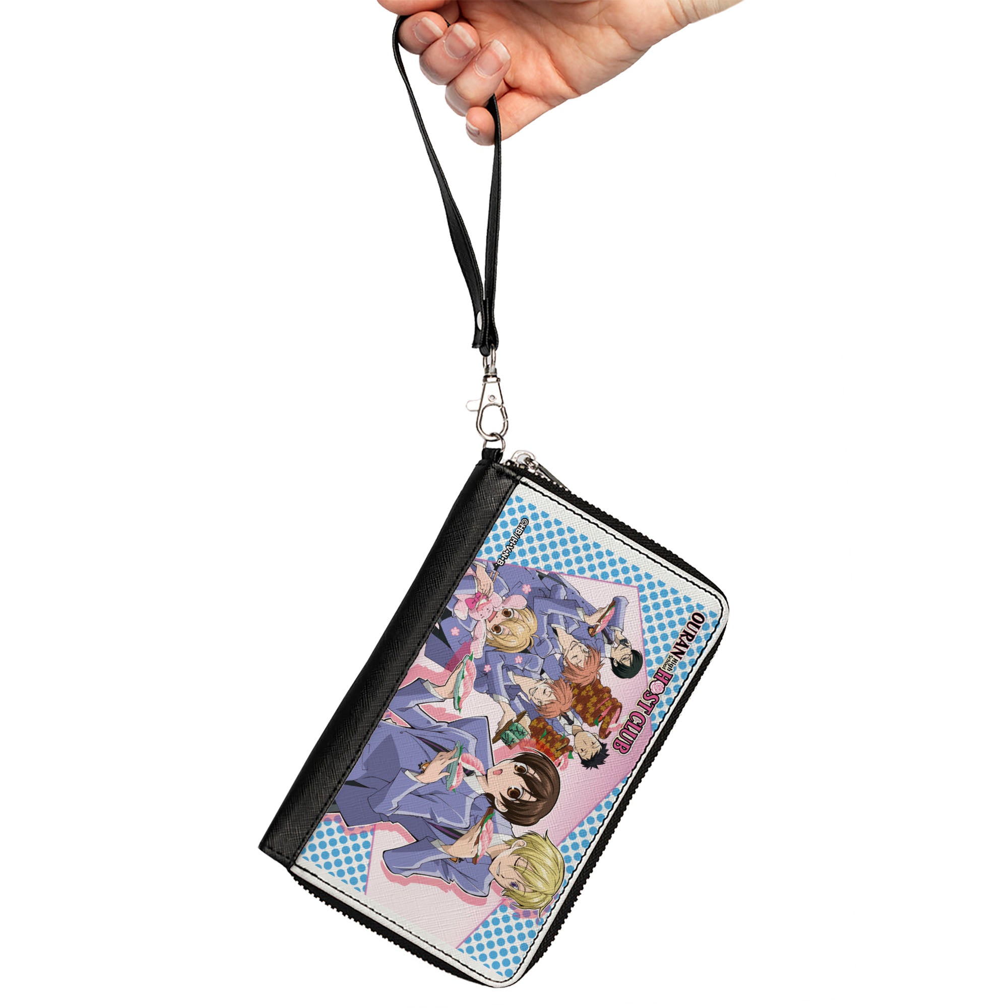PU Zip Around Wallet Rectangle - Ouran High School Host Club Seven Character Sushi Dining Pose Pink/Blue Clutch Zip Around Wallets Ouran High School Host Club