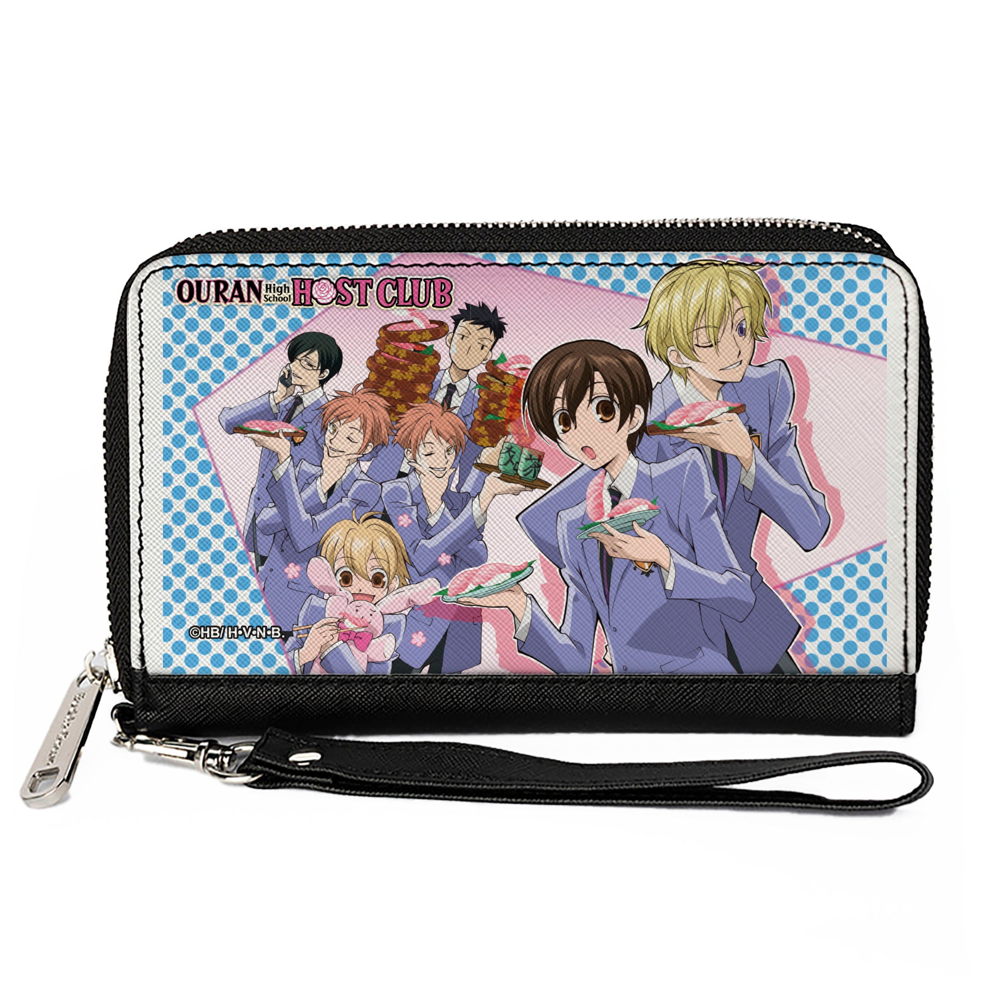 PU Zip Around Wallet Rectangle - Ouran High School Host Club Seven Character Sushi Dining Pose Pink/Blue Clutch Zip Around Wallets Ouran High School Host Club