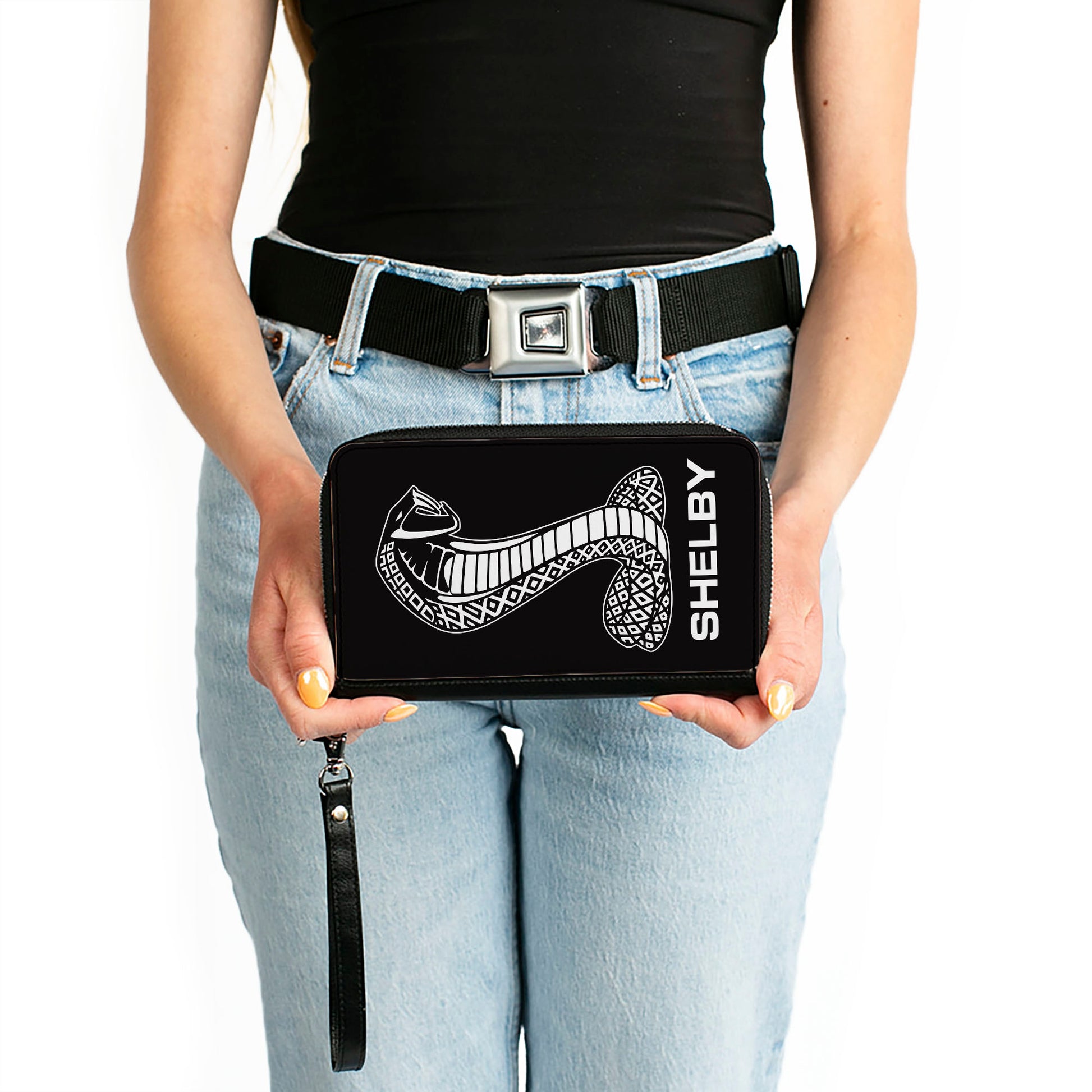 PU Zip Around Wallet Rectangle - Carroll Shelby Super Snake SHELBY Tiffany Logo Black/White Clutch Zip Around Wallets Shelby