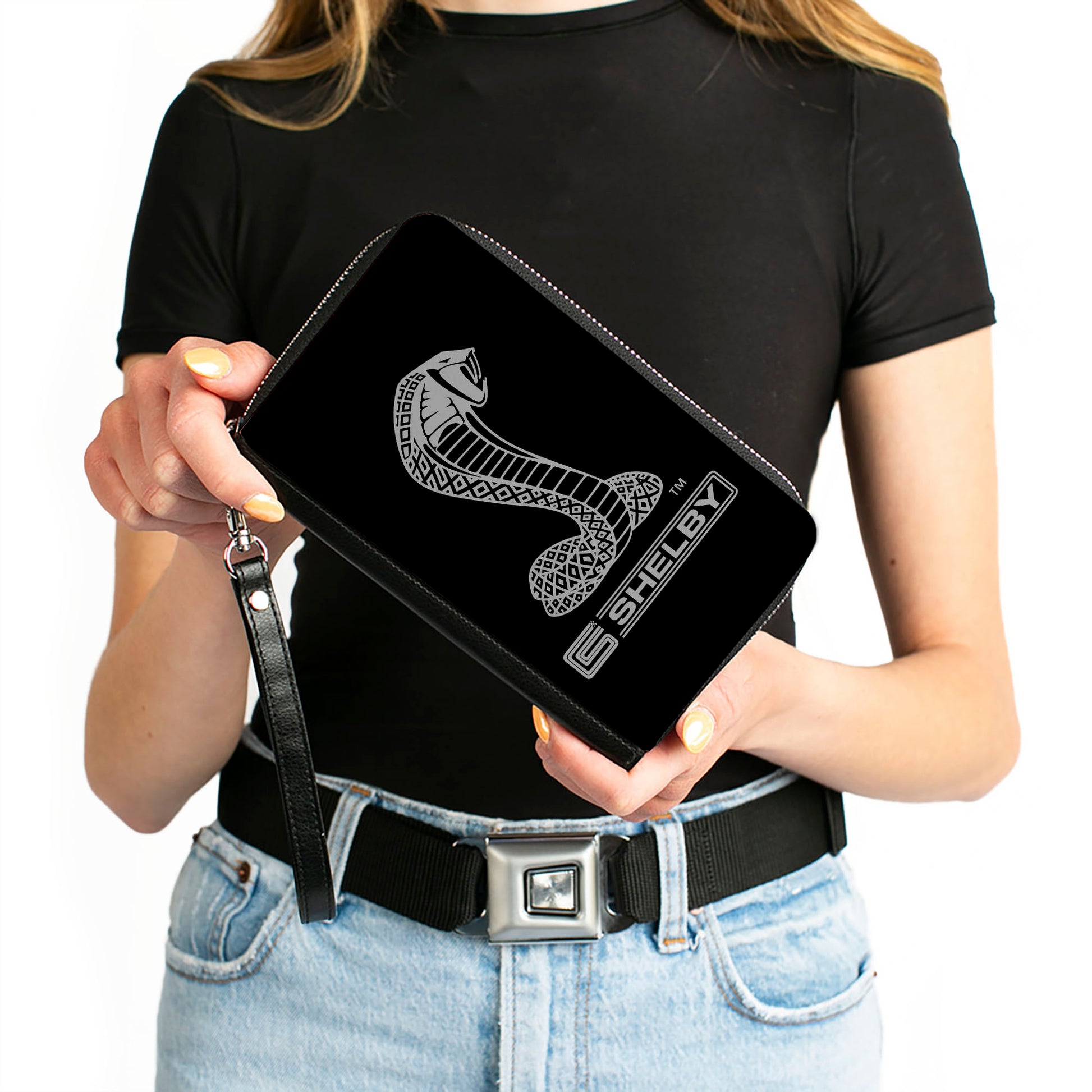 PU Zip Around Wallet Rectangle - Carroll Shelby Super Snake CS SHELBY Racing Logo Black/White Clutch Zip Around Wallets Shelby