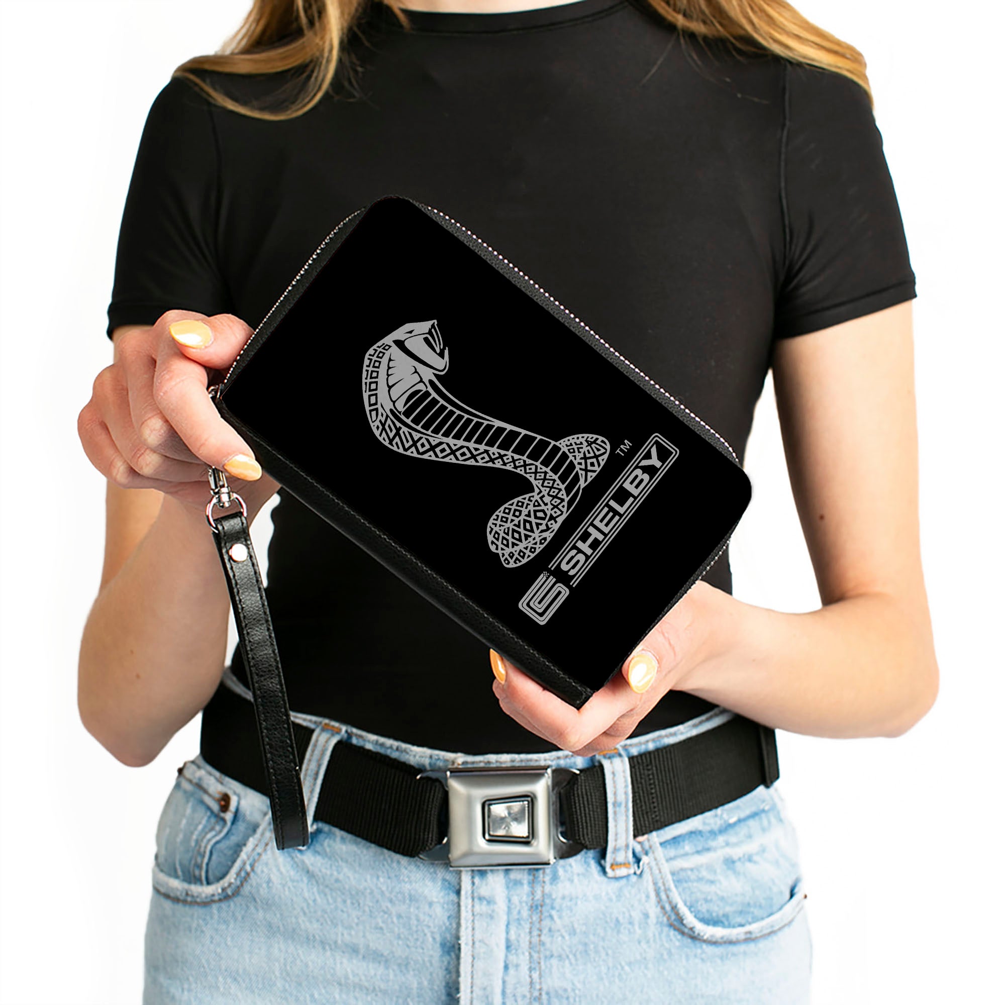 PU Zip Around Wallet Rectangle - Carroll Shelby Super Snake CS SHELBY Racing Logo Black/White Clutch Zip Around Wallets Shelby