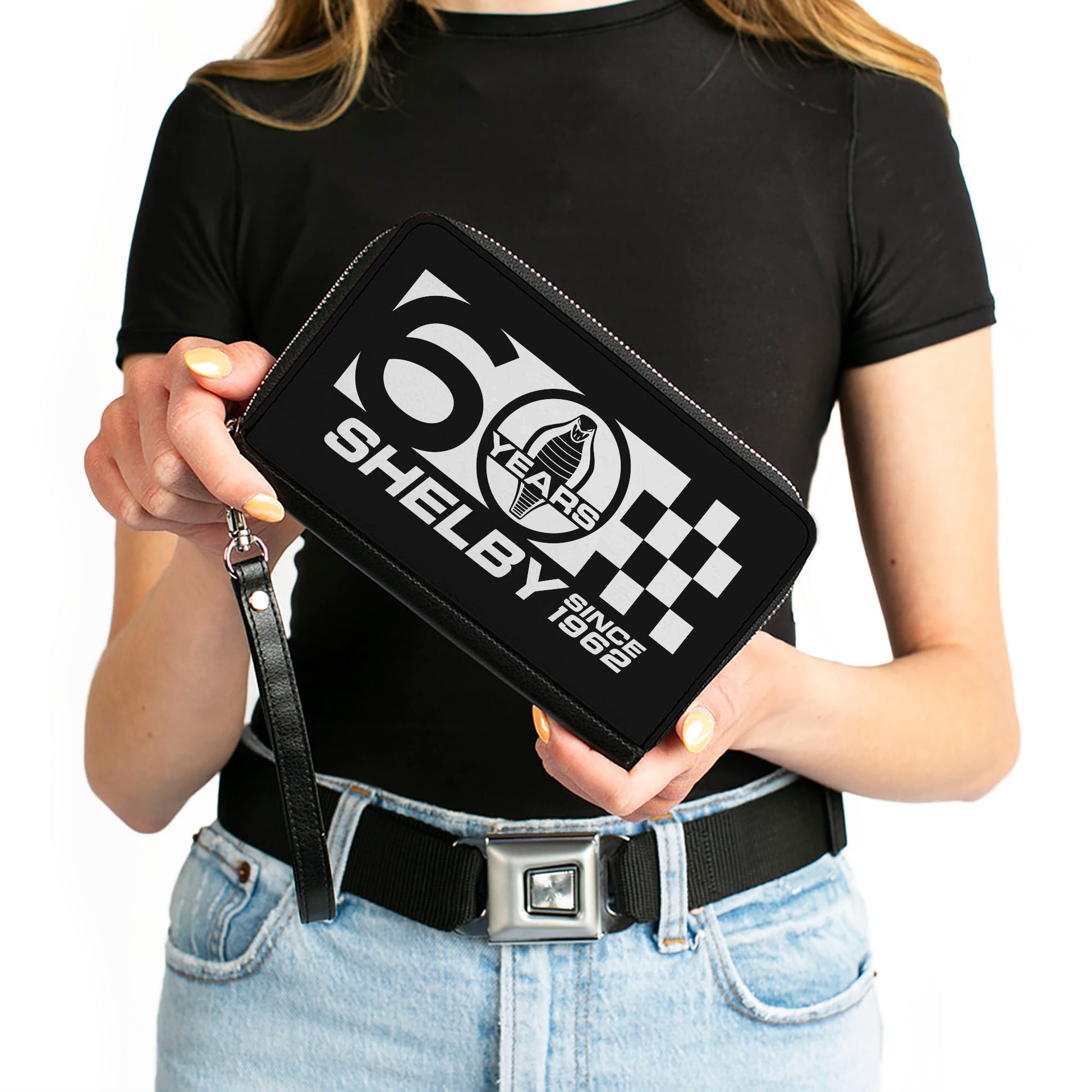 PU Zip Around Wallet Rectangle - Carroll Shelby 60 YEARS-SHELBY SINCE 1962 Checker Logo Black/White Clutch Zip Around Wallets Shelby