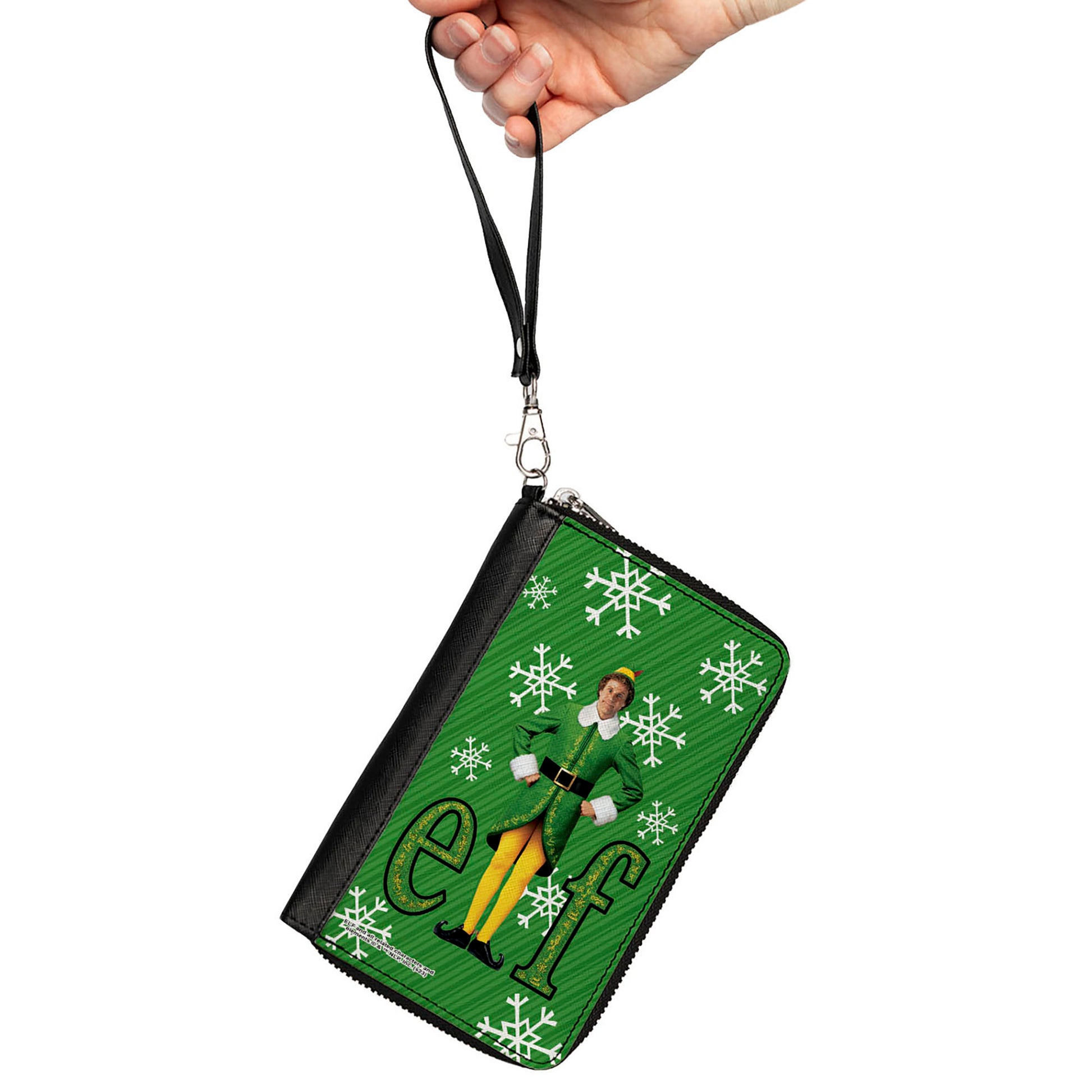 PU Zip Around Wallet Rectangle - Elf Buddy the Elf Logo Pose Snowflakes Greens/White Clutch Zip Around Wallets Elf