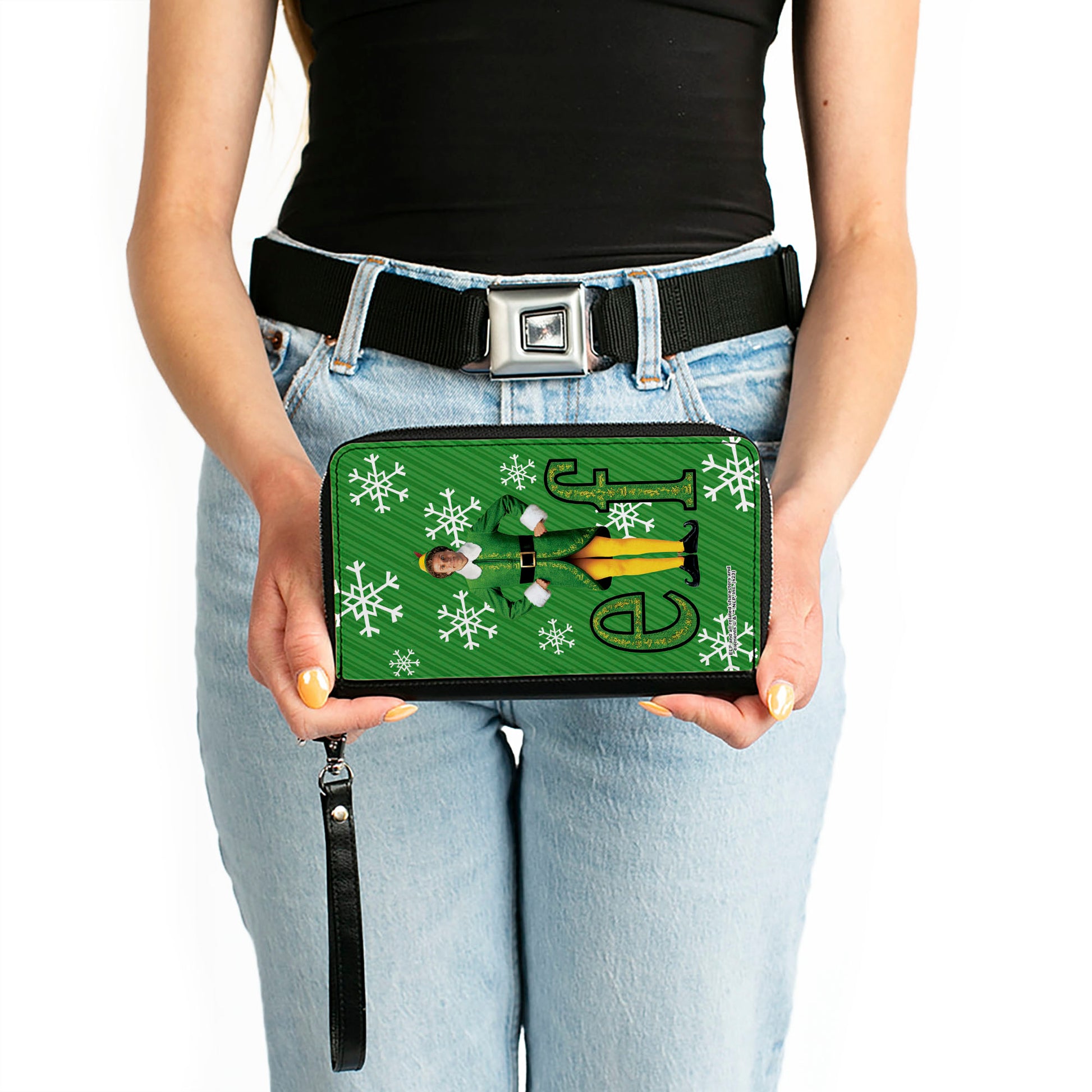 PU Zip Around Wallet Rectangle - Elf Buddy the Elf Logo Pose Snowflakes Greens/White Clutch Zip Around Wallets Elf