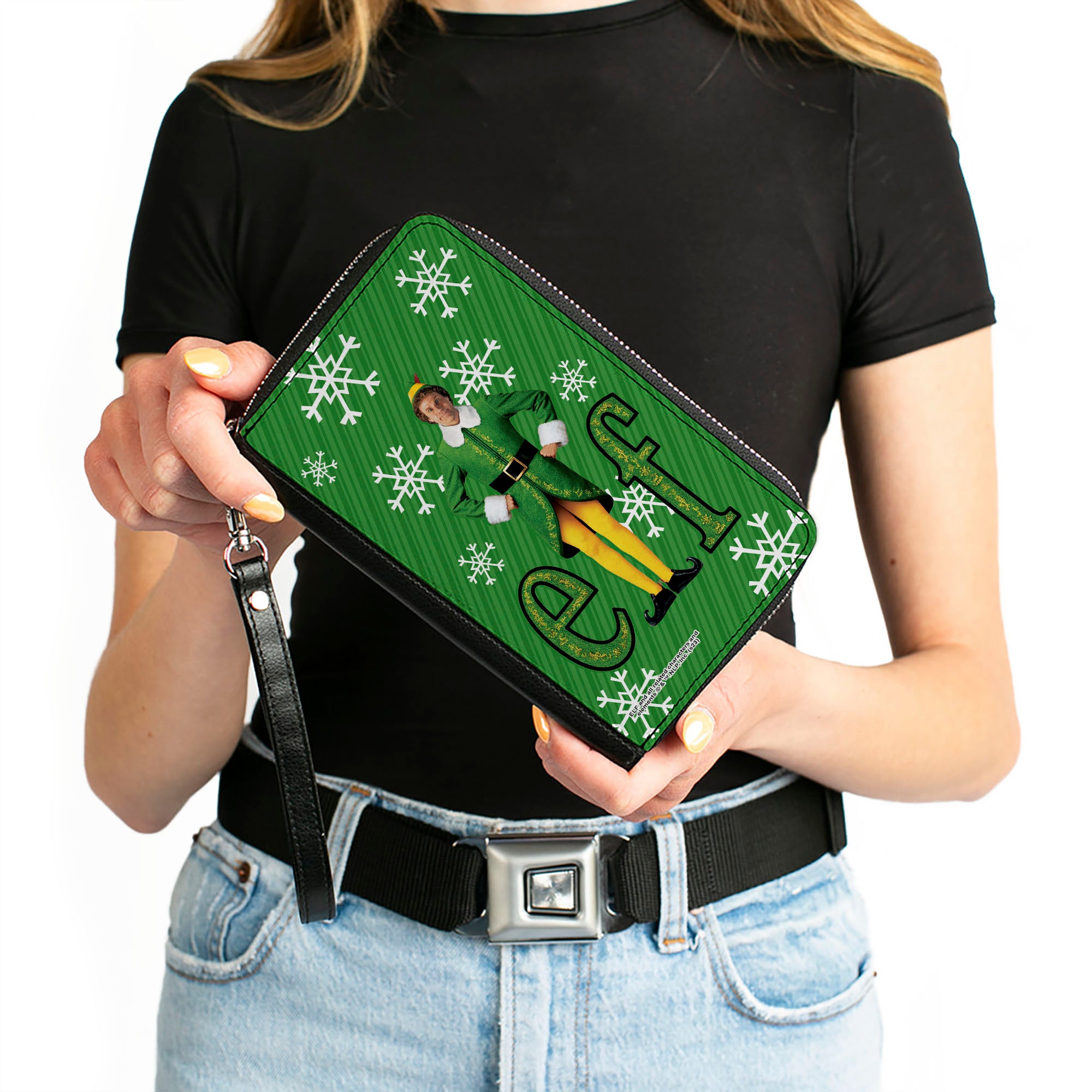 PU Zip Around Wallet Rectangle - Elf Buddy the Elf Logo Pose Snowflakes Greens/White Clutch Zip Around Wallets Elf