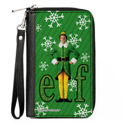 PU Zip Around Wallet Rectangle - Elf Buddy the Elf Logo Pose Snowflakes Greens/White Clutch Zip Around Wallets Elf