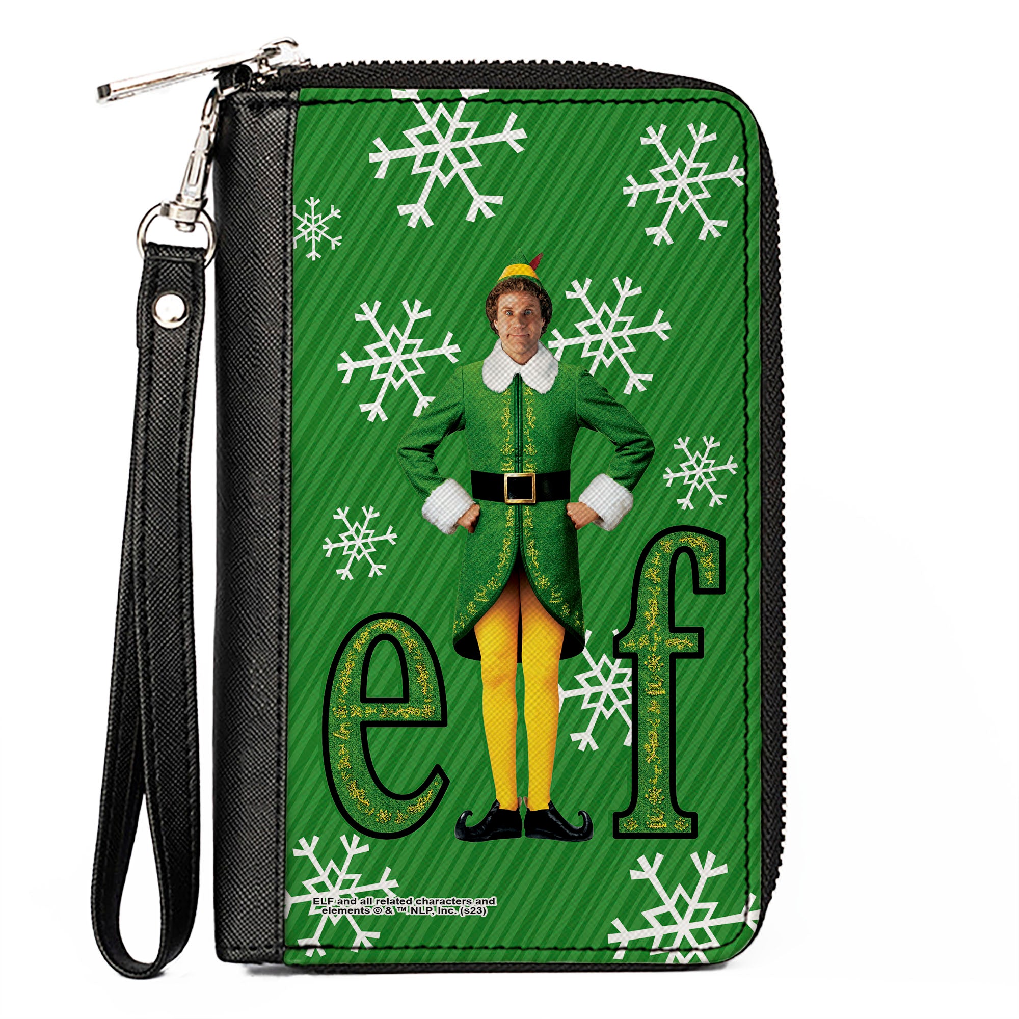 PU Zip Around Wallet Rectangle - Elf Buddy the Elf Logo Pose Snowflakes Greens/White Clutch Zip Around Wallets Elf