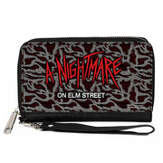 PU Zip Around Wallet Rectangle - A NIGHTMARE ON ELM STREET Scribble Freddy Melt Grays/Reds Clutch Zip Around Wallets A Nightmare on Elm Street