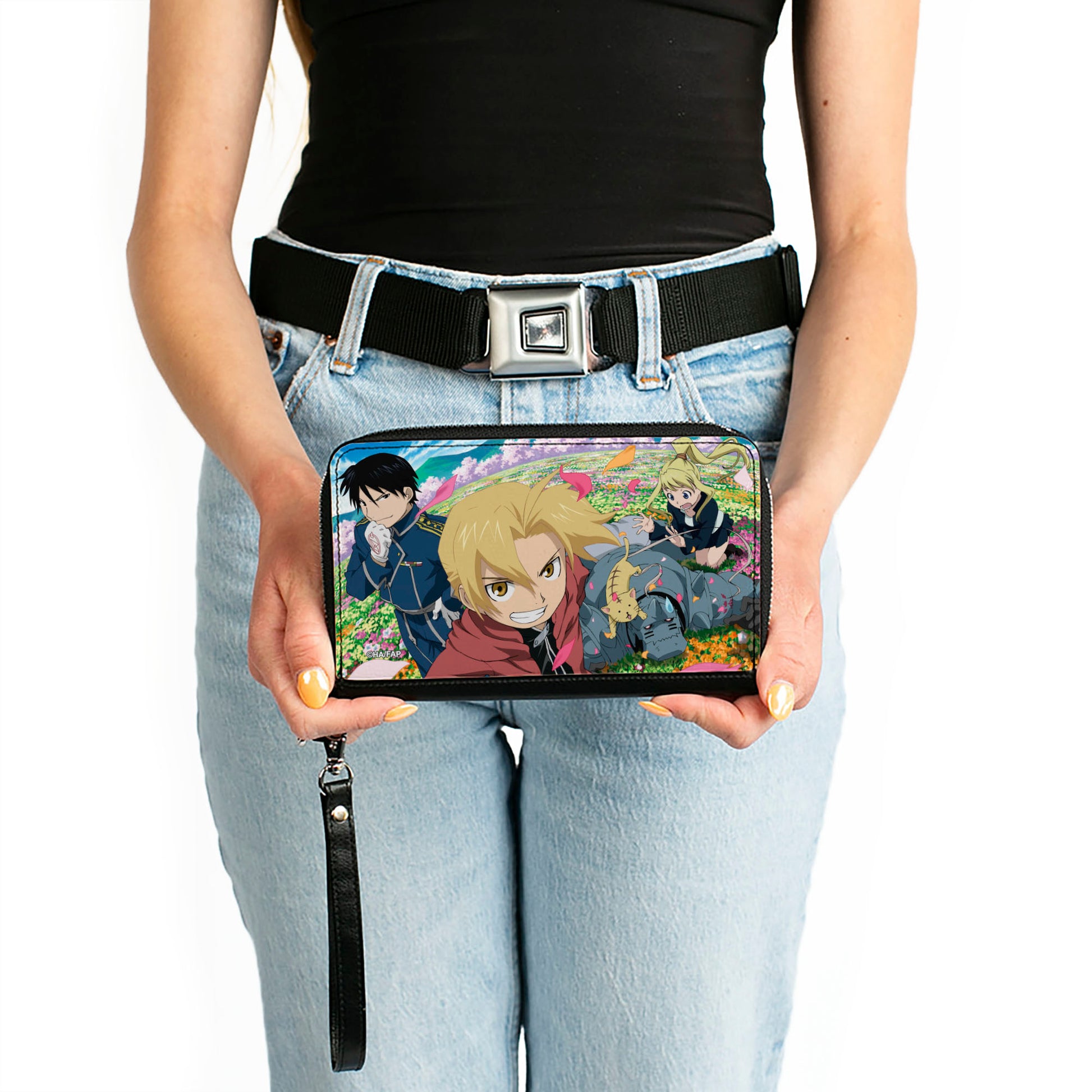 PU Zip Around Wallet Rectangle - Fullmetal Alchemist Brotherhood Four Character and Cat Group Scene Clutch Zip Around Wallets Fullmetal Alchemist