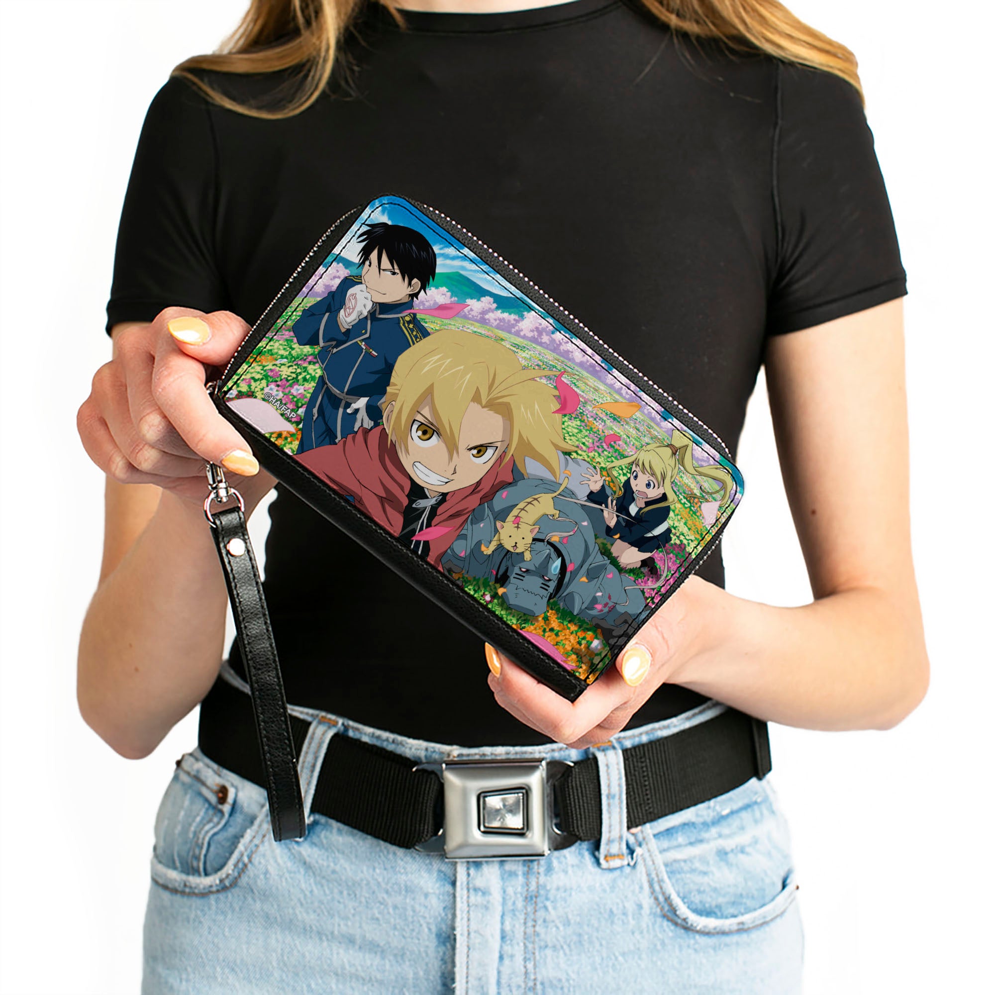 PU Zip Around Wallet Rectangle - Fullmetal Alchemist Brotherhood Four Character and Cat Group Scene Clutch Zip Around Wallets Fullmetal Alchemist