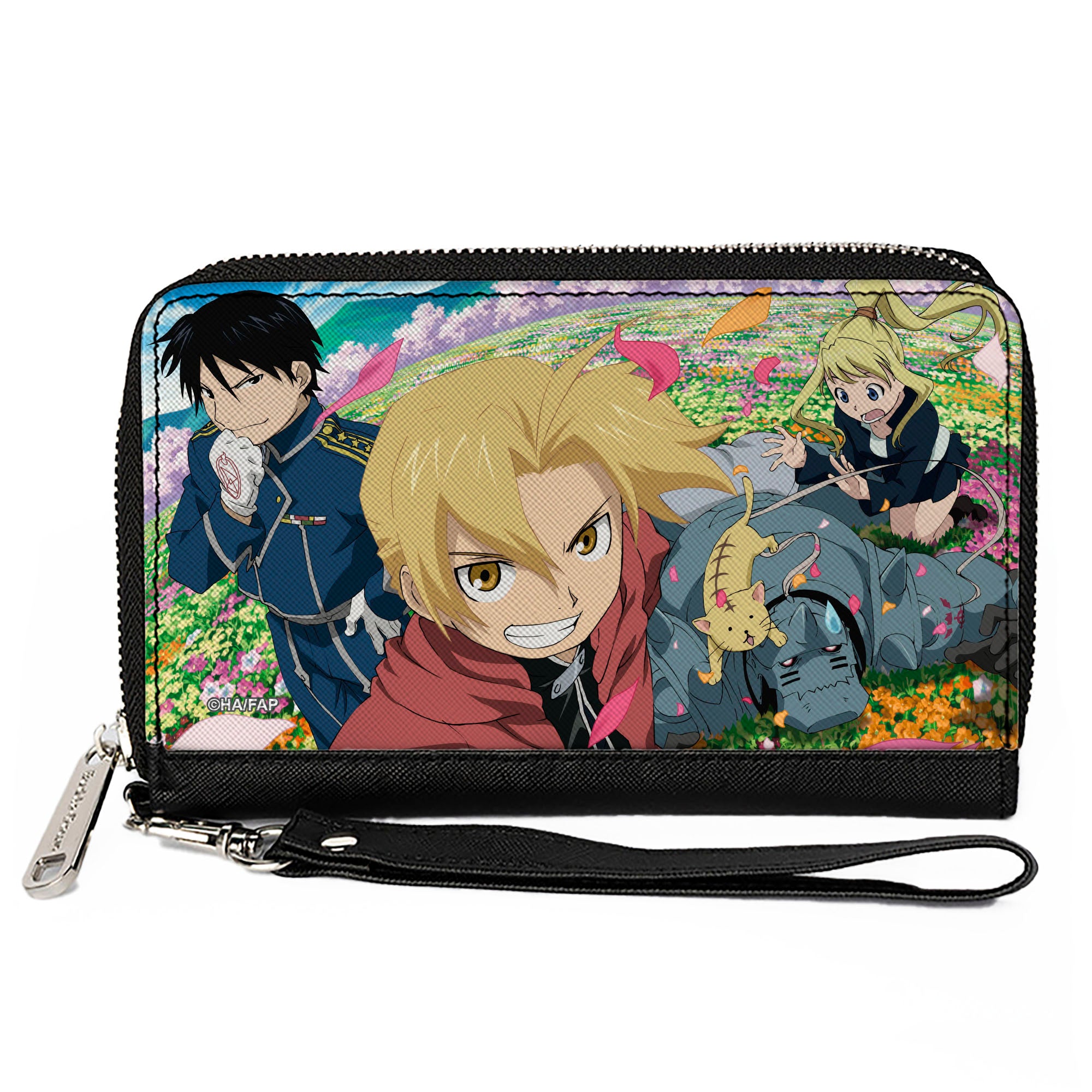PU Zip Around Wallet Rectangle - Fullmetal Alchemist Brotherhood Four Character and Cat Group Scene Clutch Zip Around Wallets Fullmetal Alchemist