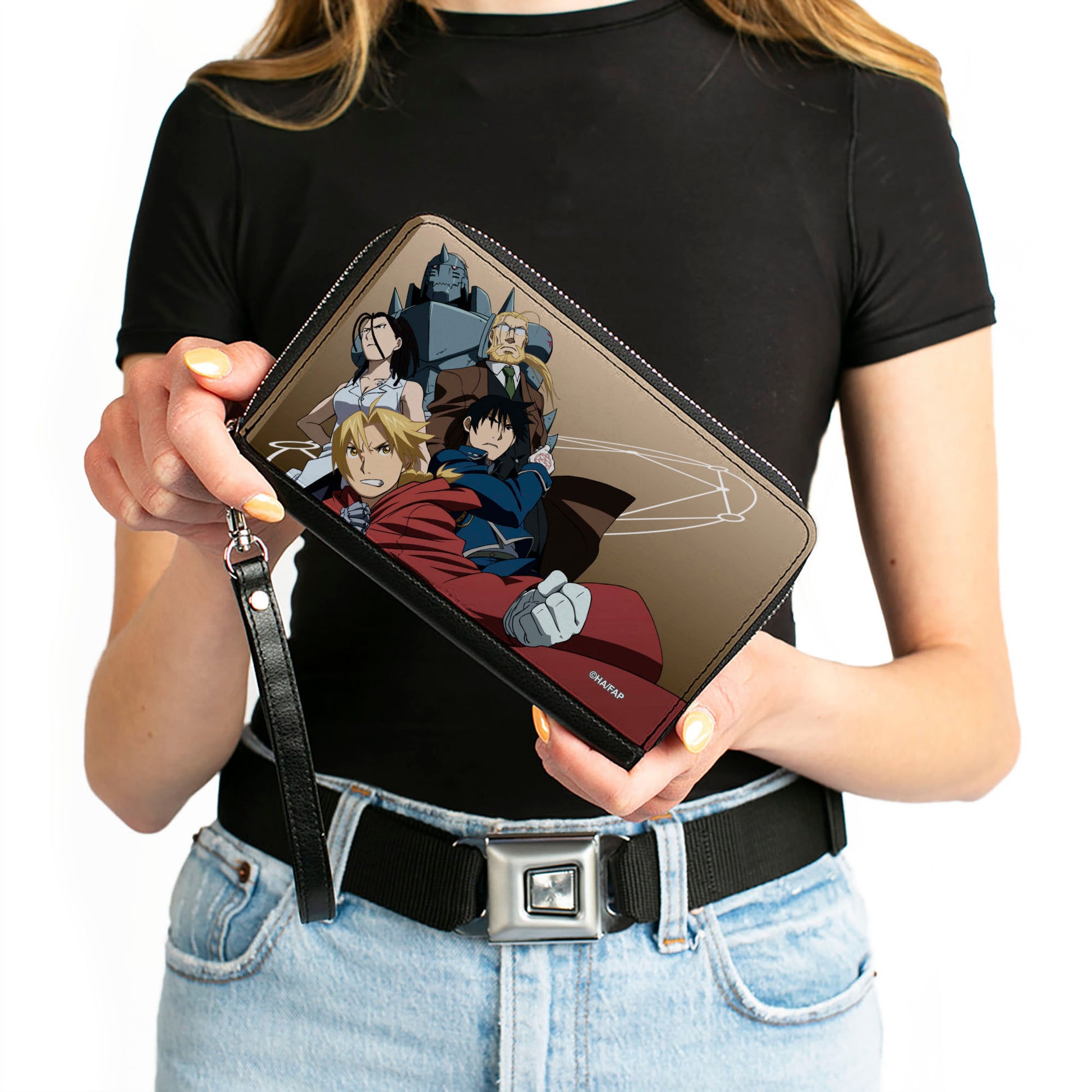 PU Zip Around Wallet Rectangle - Fullmetal Alchemist Brotherhood Five Character Pose Tan Clutch Zip Around Wallets Fullmetal Alchemist