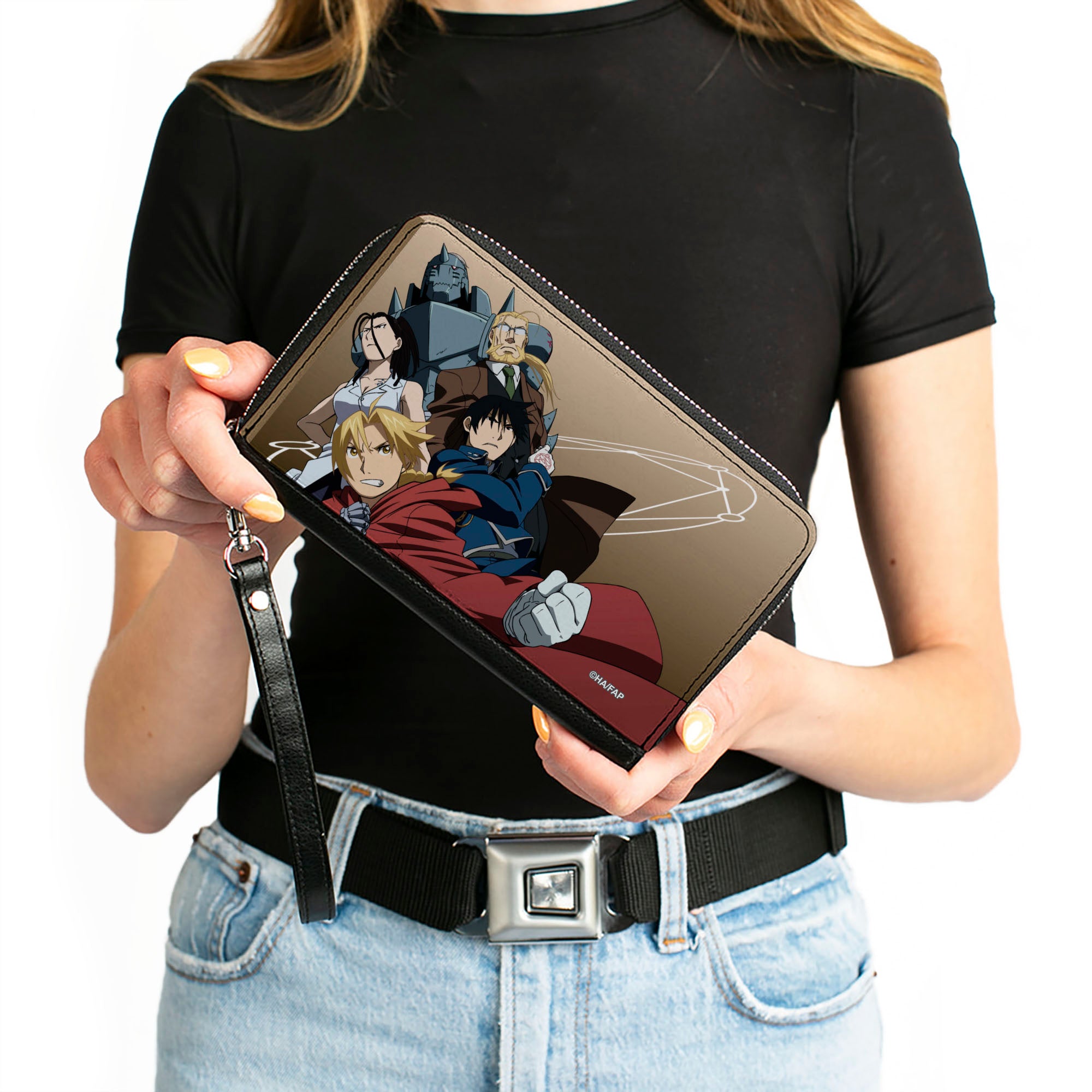 PU Zip Around Wallet Rectangle - Fullmetal Alchemist Brotherhood Five Character Pose Tan Clutch Zip Around Wallets Fullmetal Alchemist