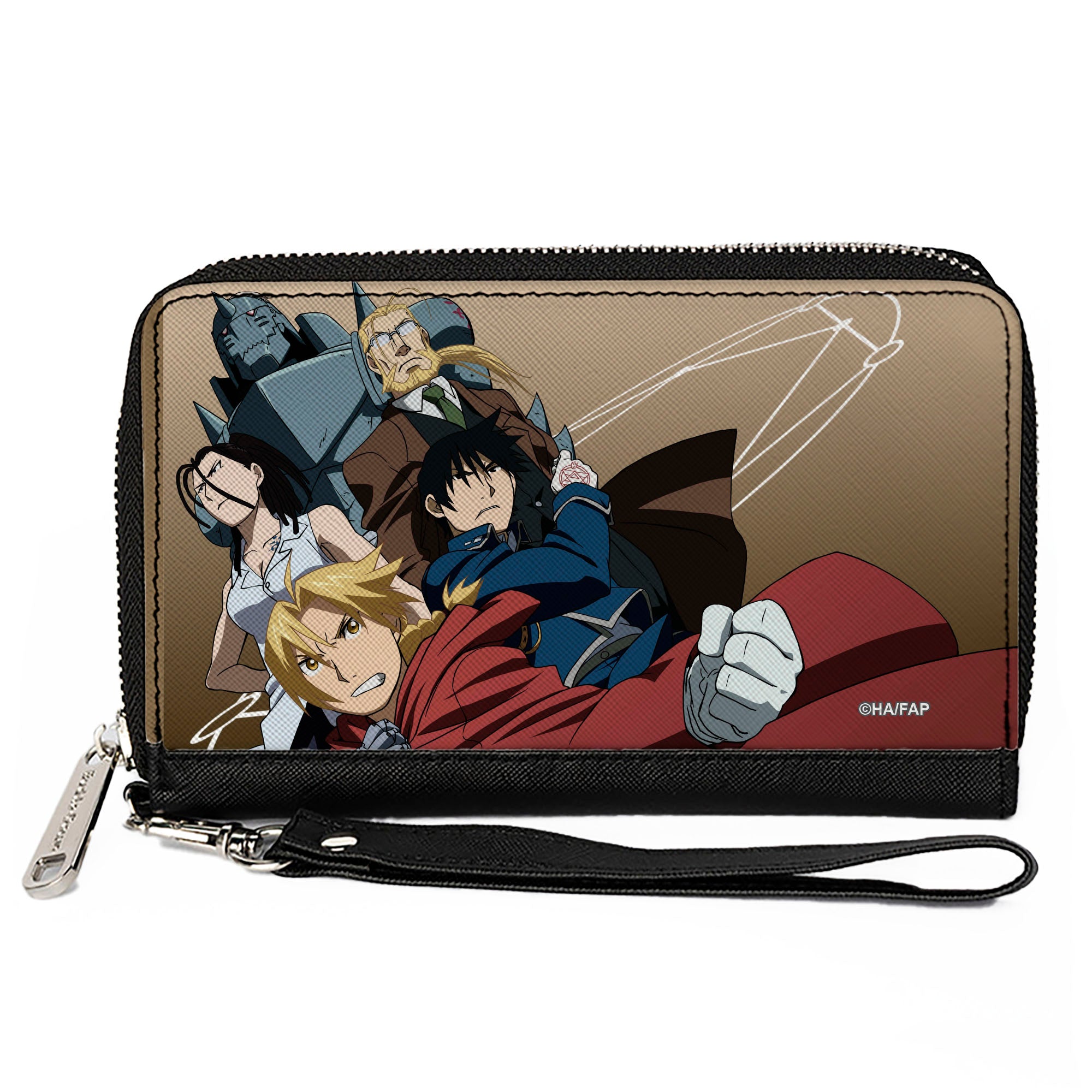PU Zip Around Wallet Rectangle - Fullmetal Alchemist Brotherhood Five Character Pose Tan Clutch Zip Around Wallets Fullmetal Alchemist